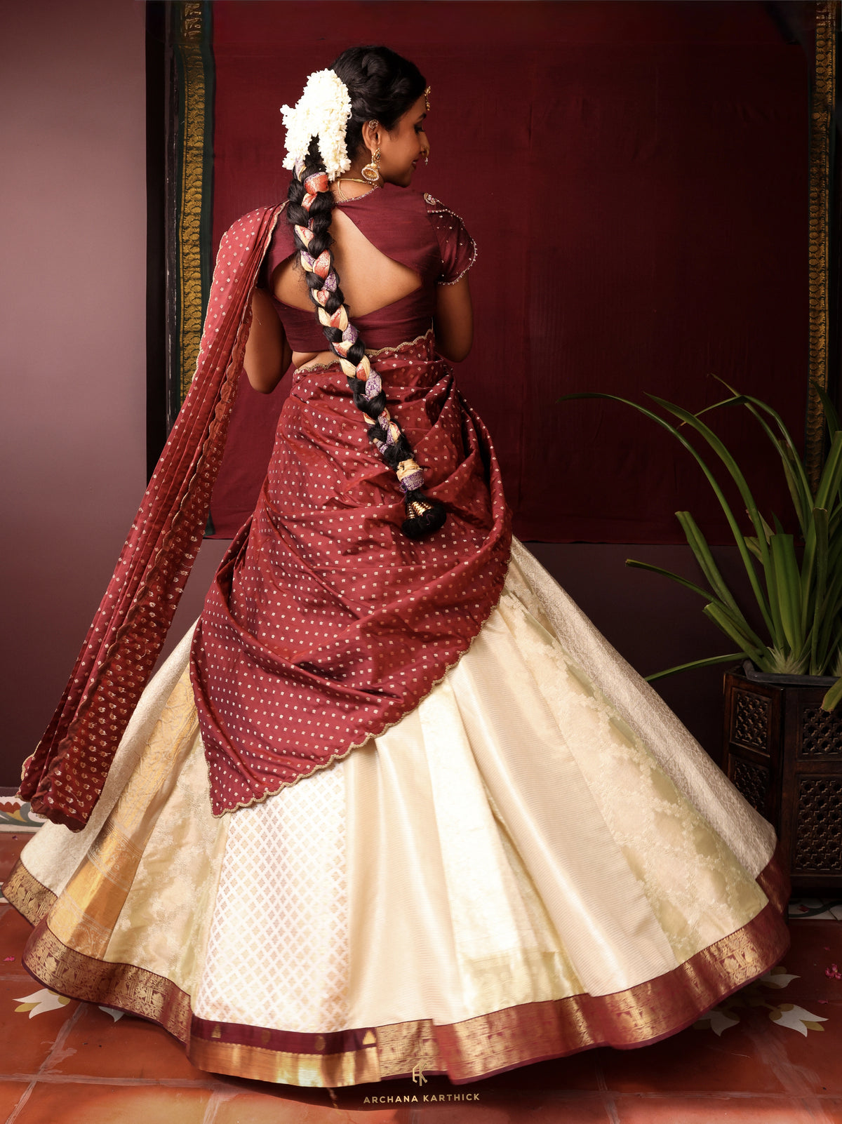"Malli" - Gold & Maroon Silk Half Saree