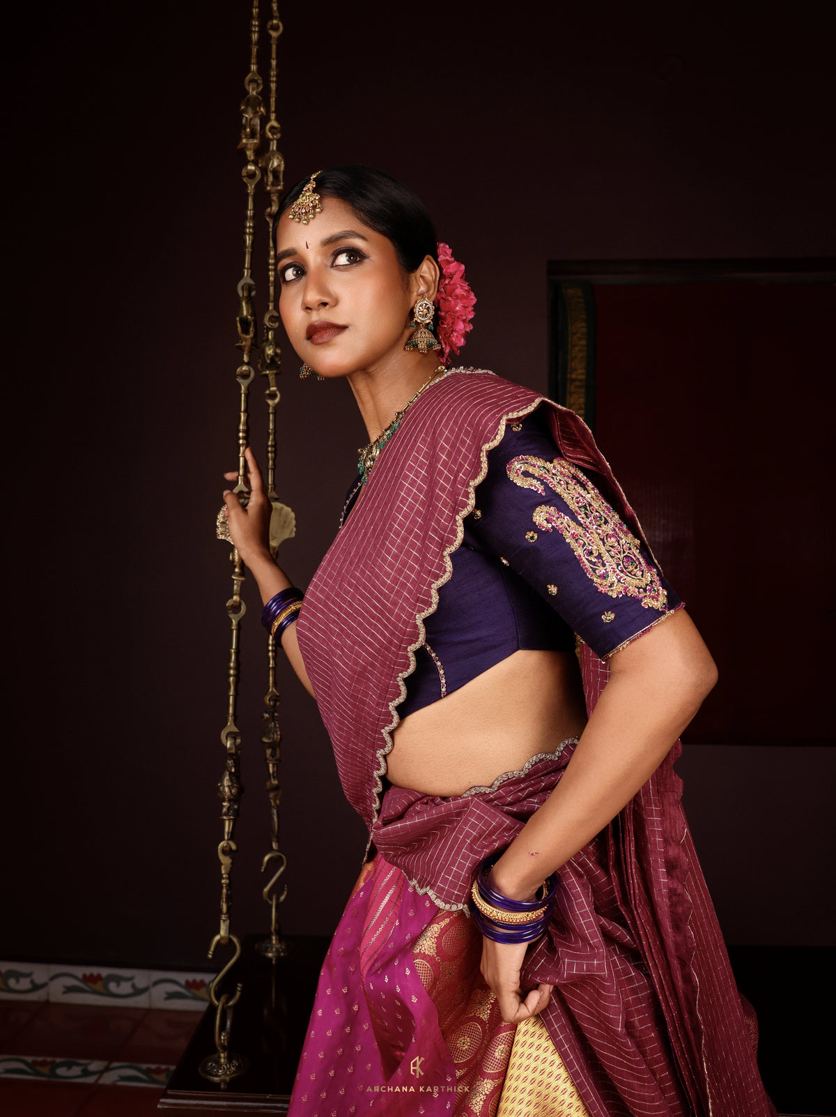"Thamarai" - Blue, Pink & Magenta Silk Half Saree