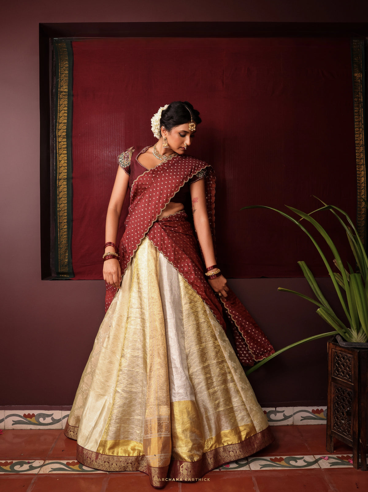 "Malli" - Gold & Maroon Silk Half Saree