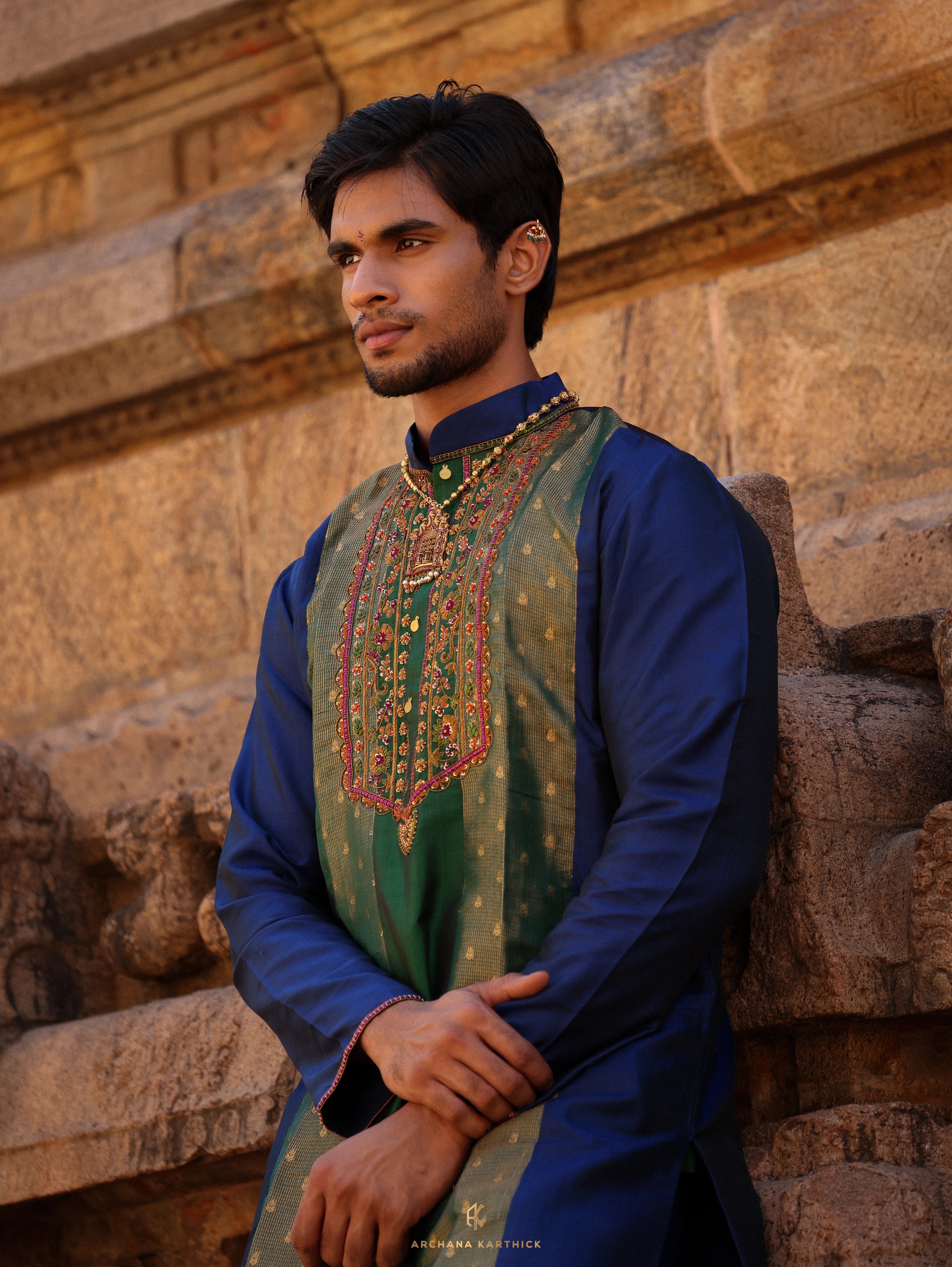 "Sadasivam" - Green & Blue Kanjeevaram Silk Kurta Set for Men