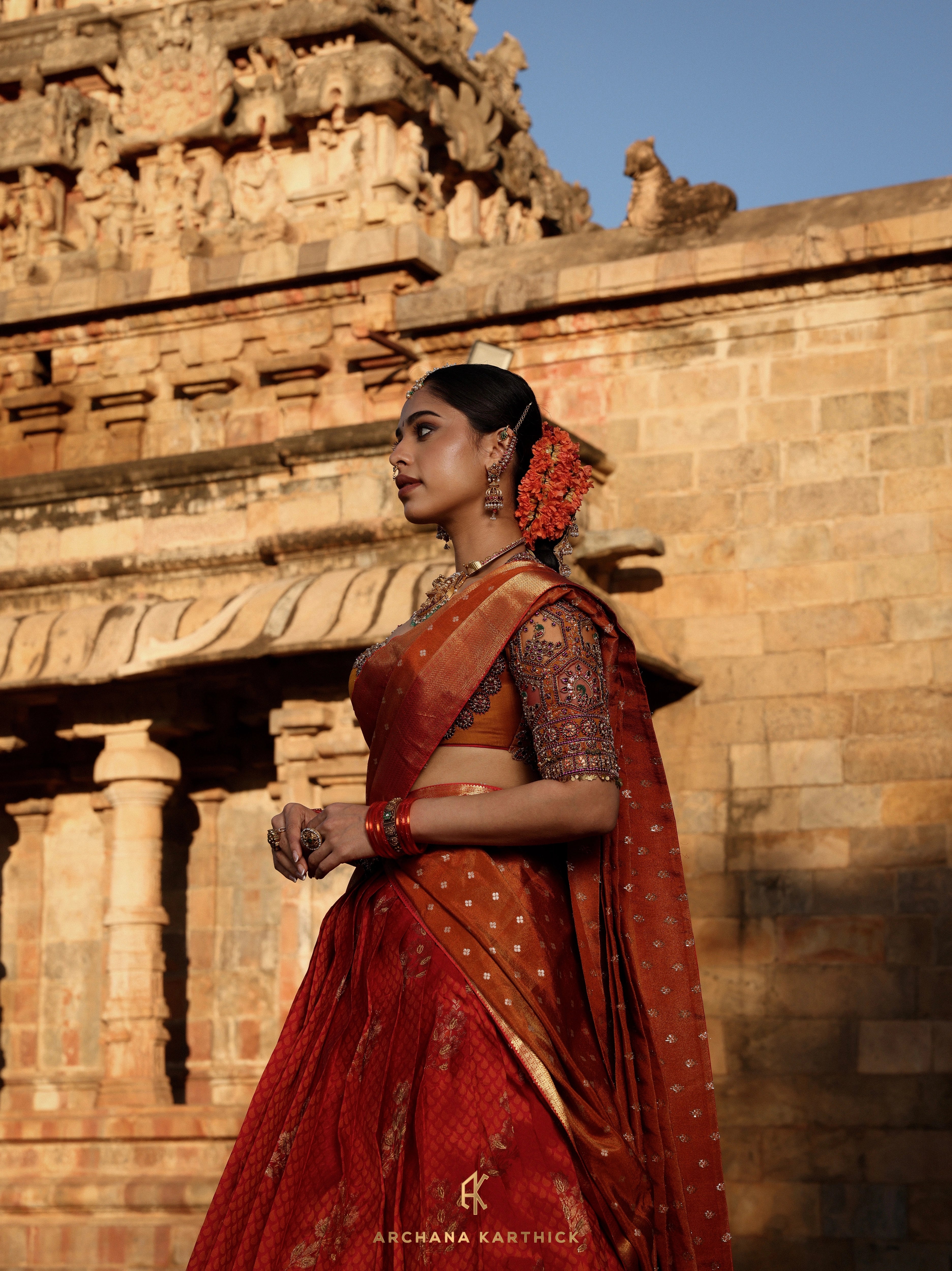 "Mangammal" - Red, Mustard & Orange Kanjeevaram Silk Half Saree