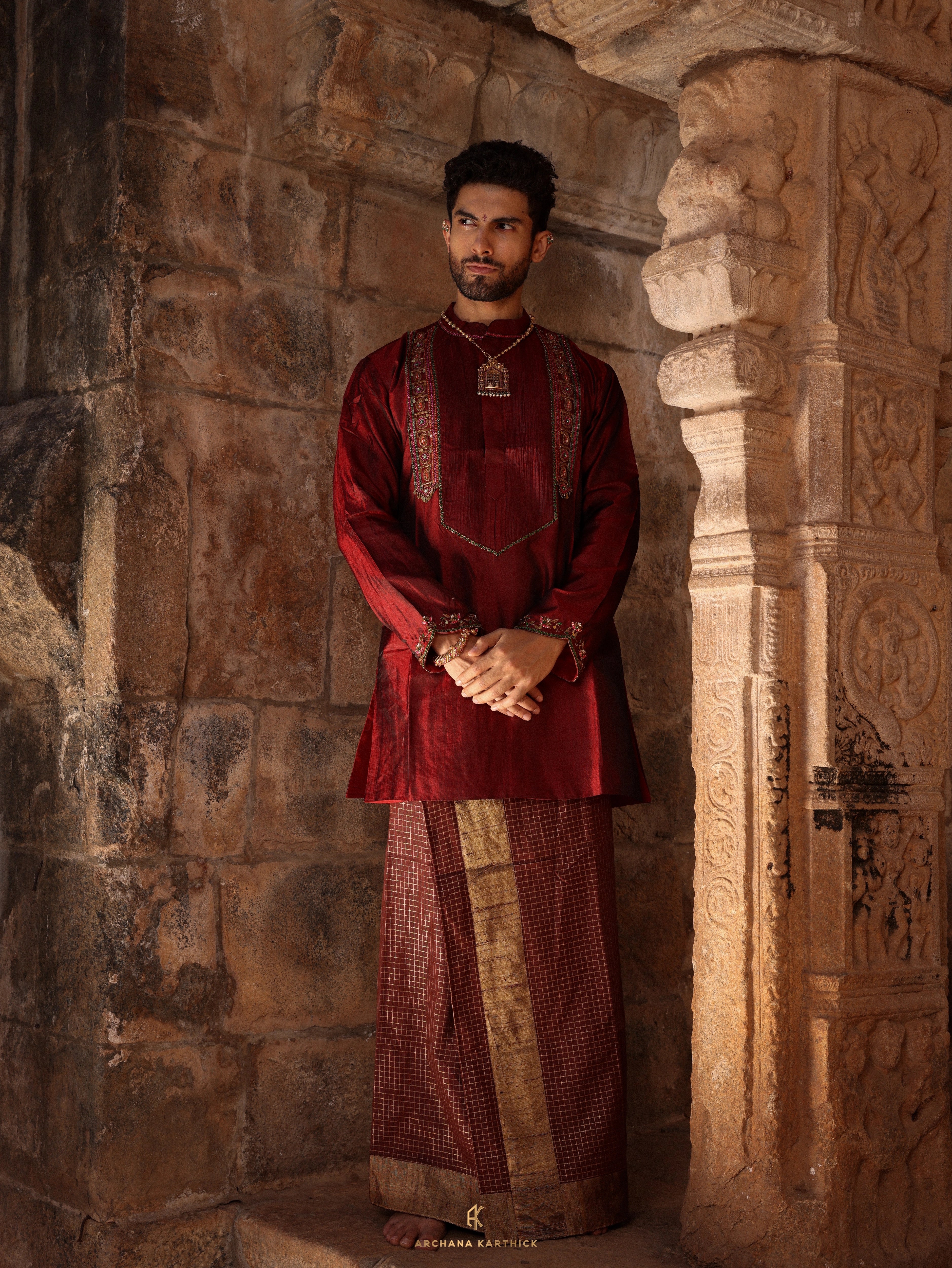 "Veerabadra" - Maroon & Gold Silk Kurta Veshti Set for Men