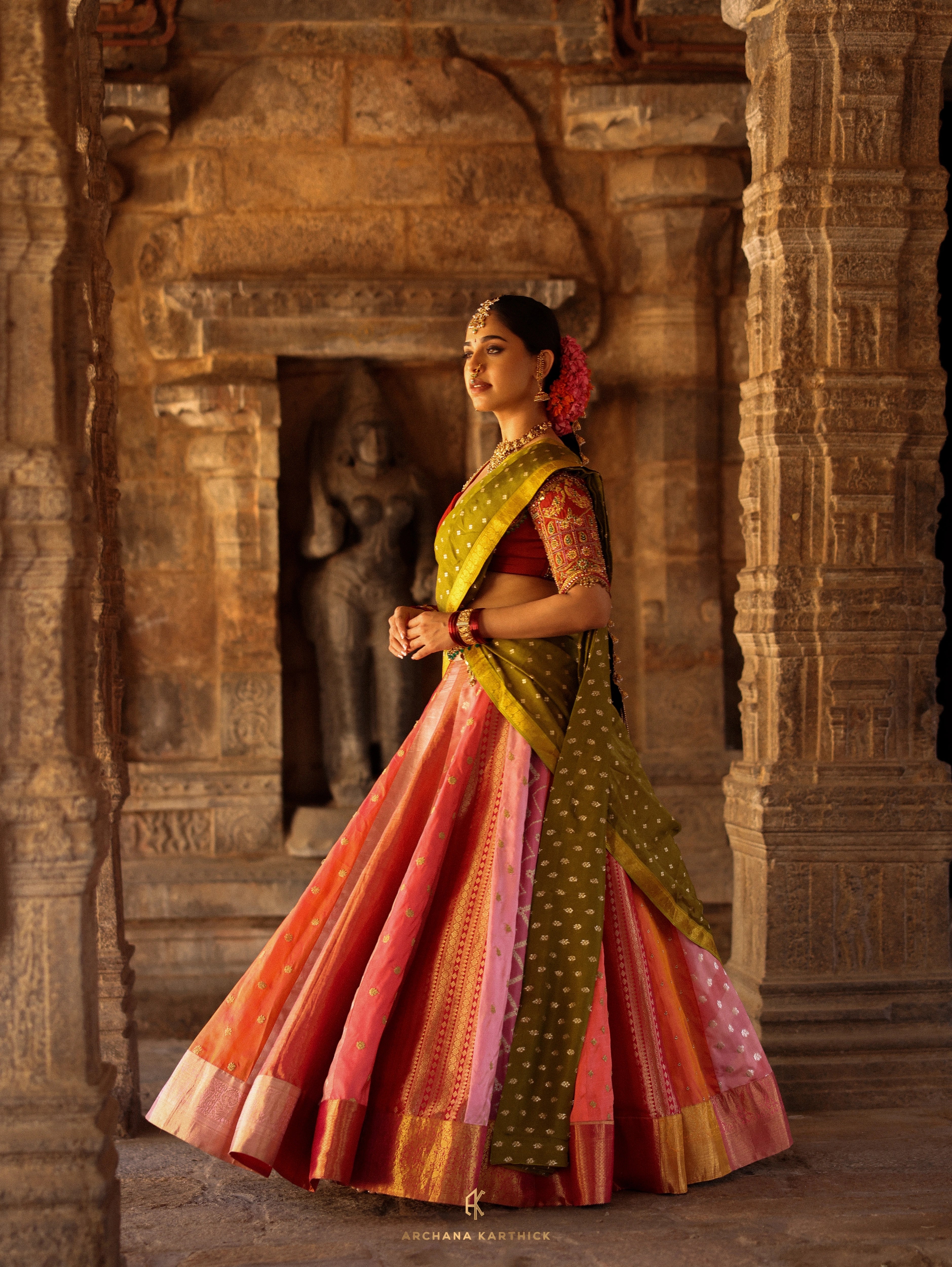 "Rudrama Devi" - Pink, Red & Green Kanjeevaram Silk Half Saree