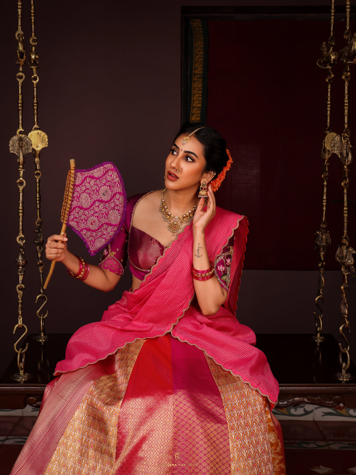 "Jaathimalli" - Pink & Orange Silk Half Saree