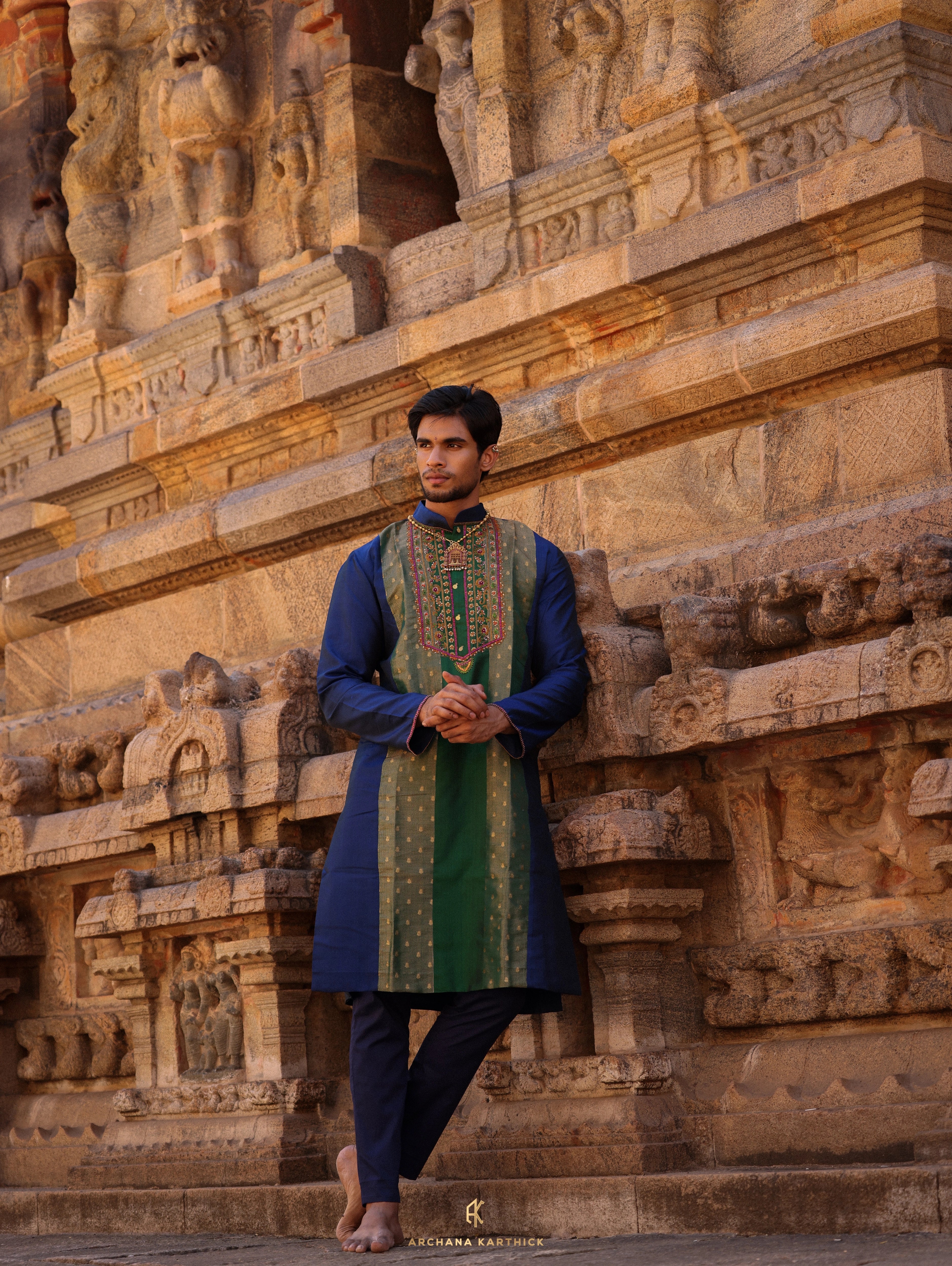 "Sadasivam" - Green & Blue Kanjeevaram Silk Kurta Set for Men