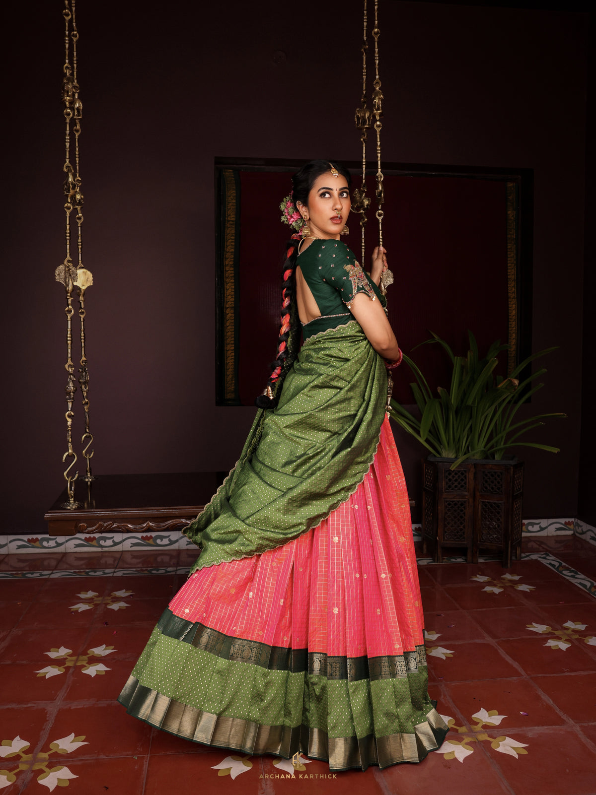 "Sembaruthi" - Green & Pink Silk Half Saree