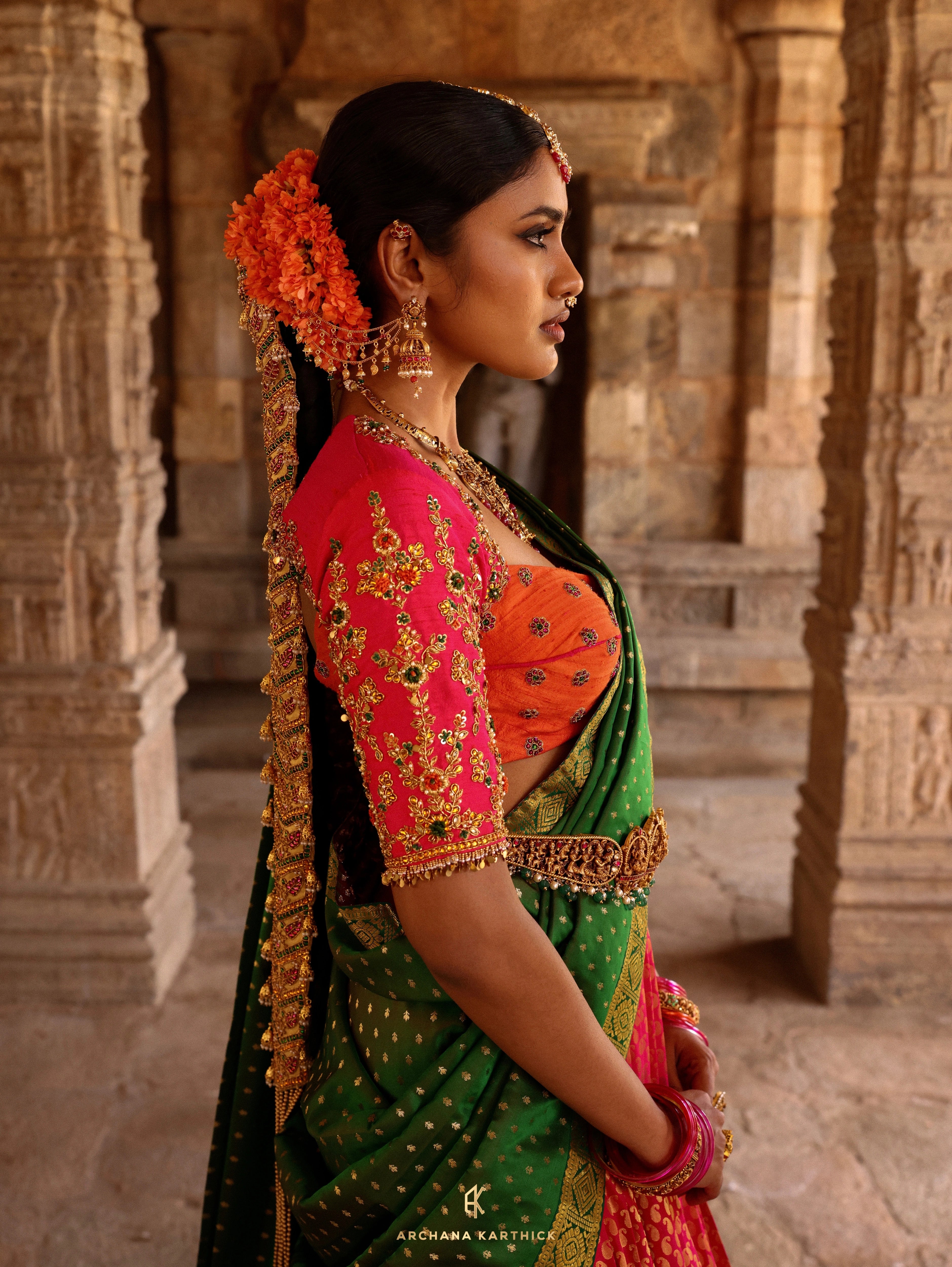 "Velu Nachiyar" - Orange, Pink & Green Silk Half Saree