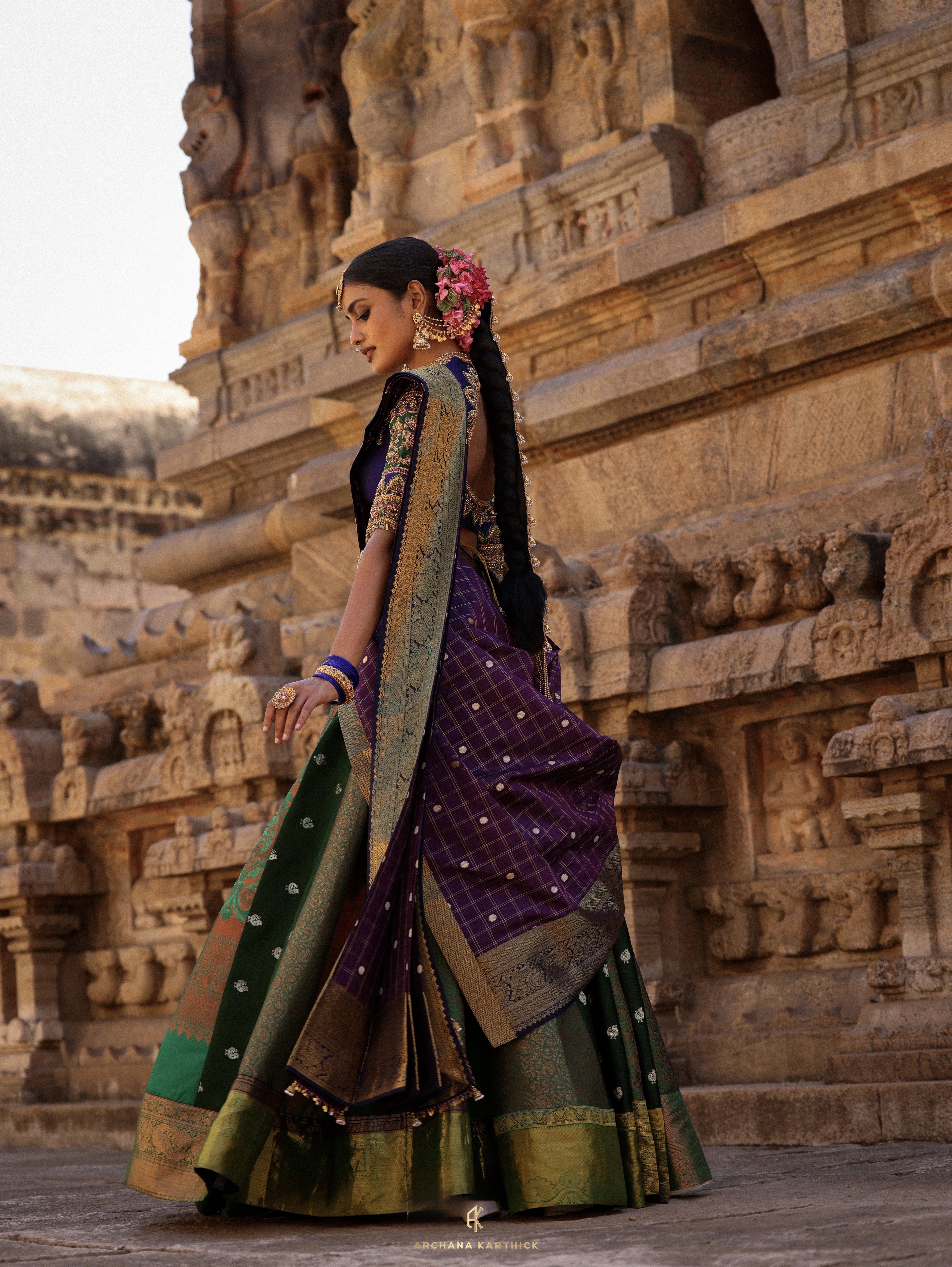 "Subbulakshmi" - Green, Purple & Blue Kanjeevaram & Benaras Silk Half Saree