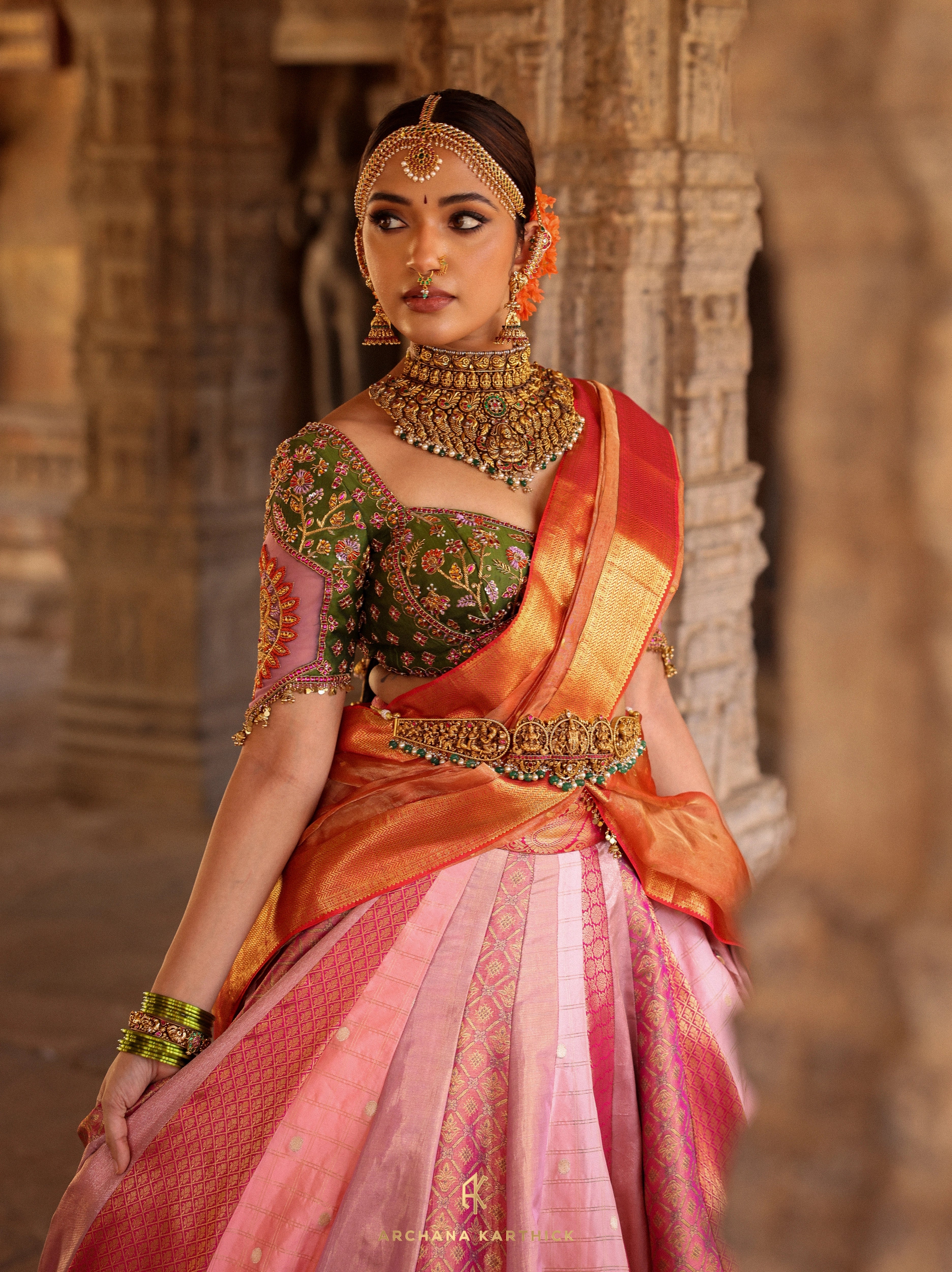 "Kundhavai" - Pink, Orange & Green Kanjeevaram Tissue Silk Half Saree
