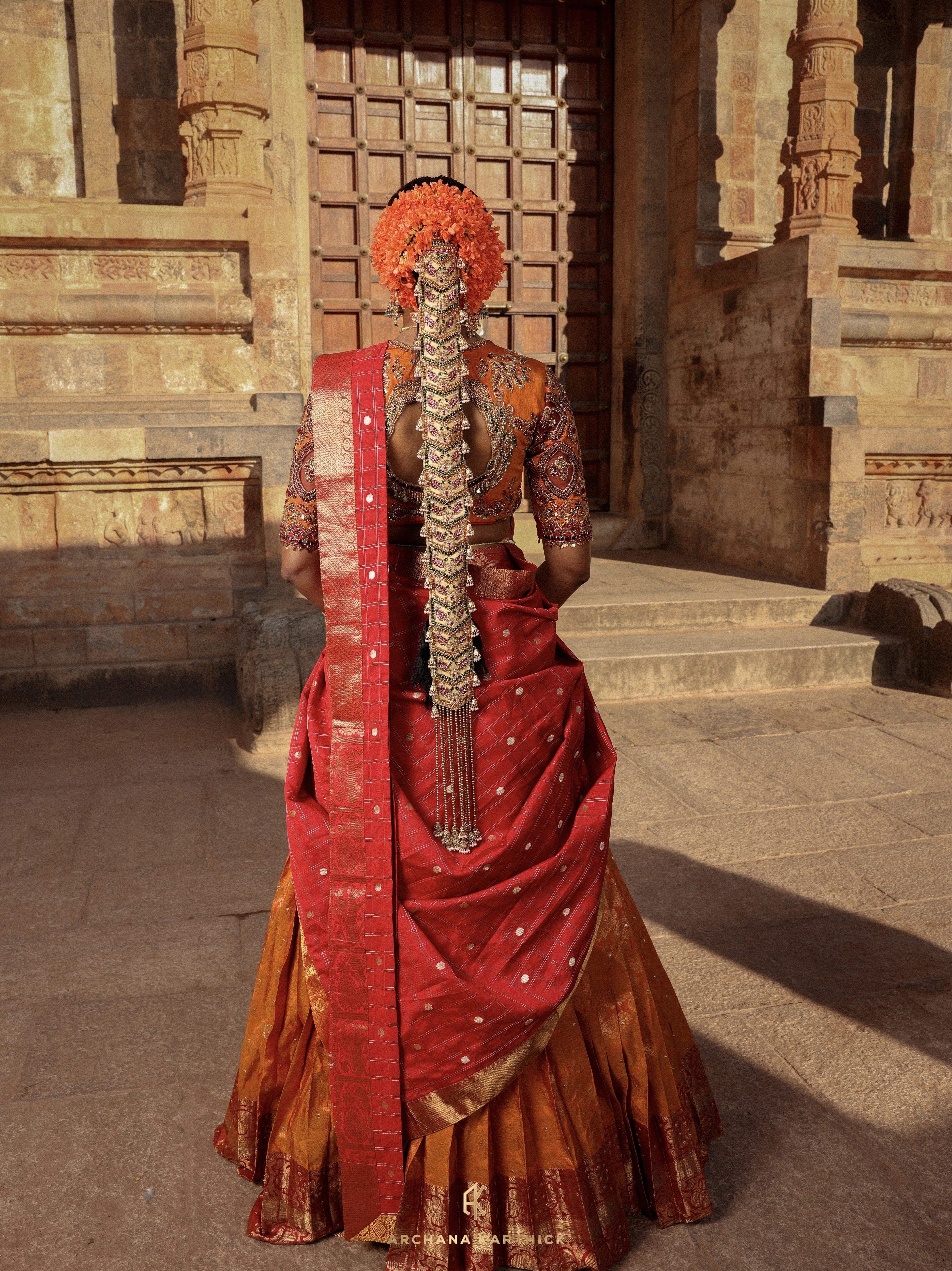 "Sembiyan Mahadevi" - Red, Mustard & Gold Kanjeevaram Silk Half Saree
