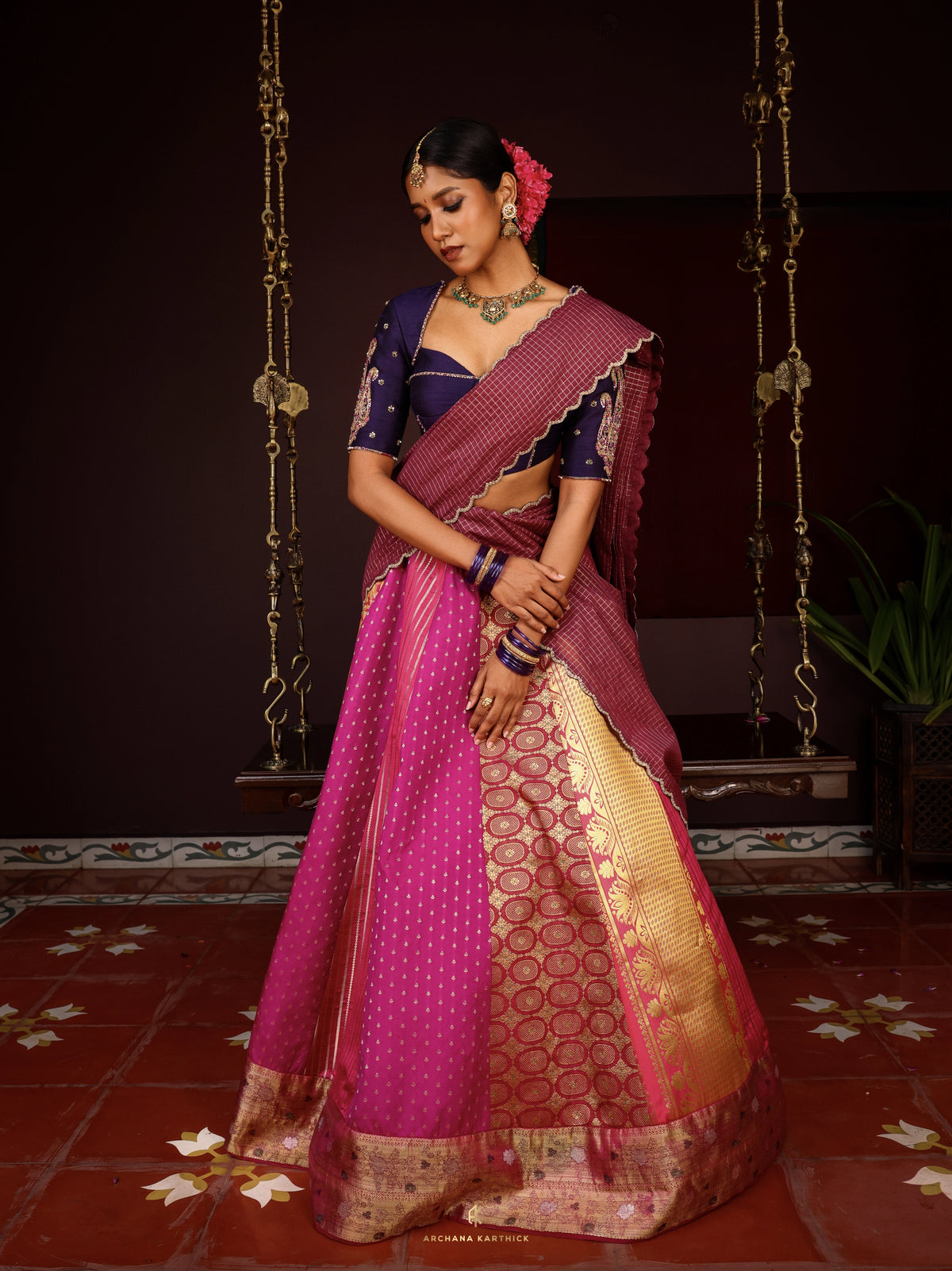 "Thamarai" - Blue, Pink & Magenta Silk Half Saree