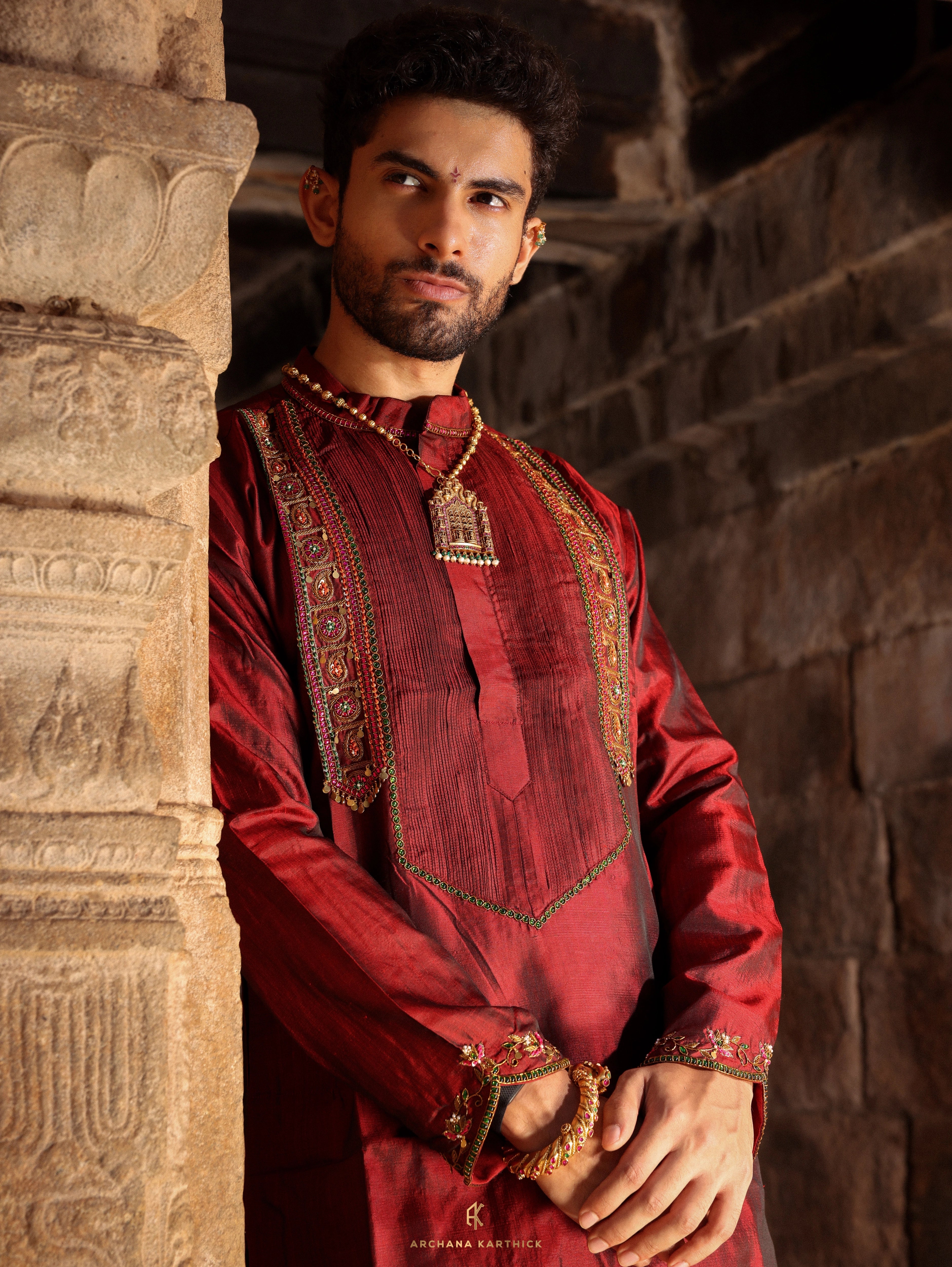 "Veerabadra" - Maroon & Gold Silk Kurta Veshti Set for Men