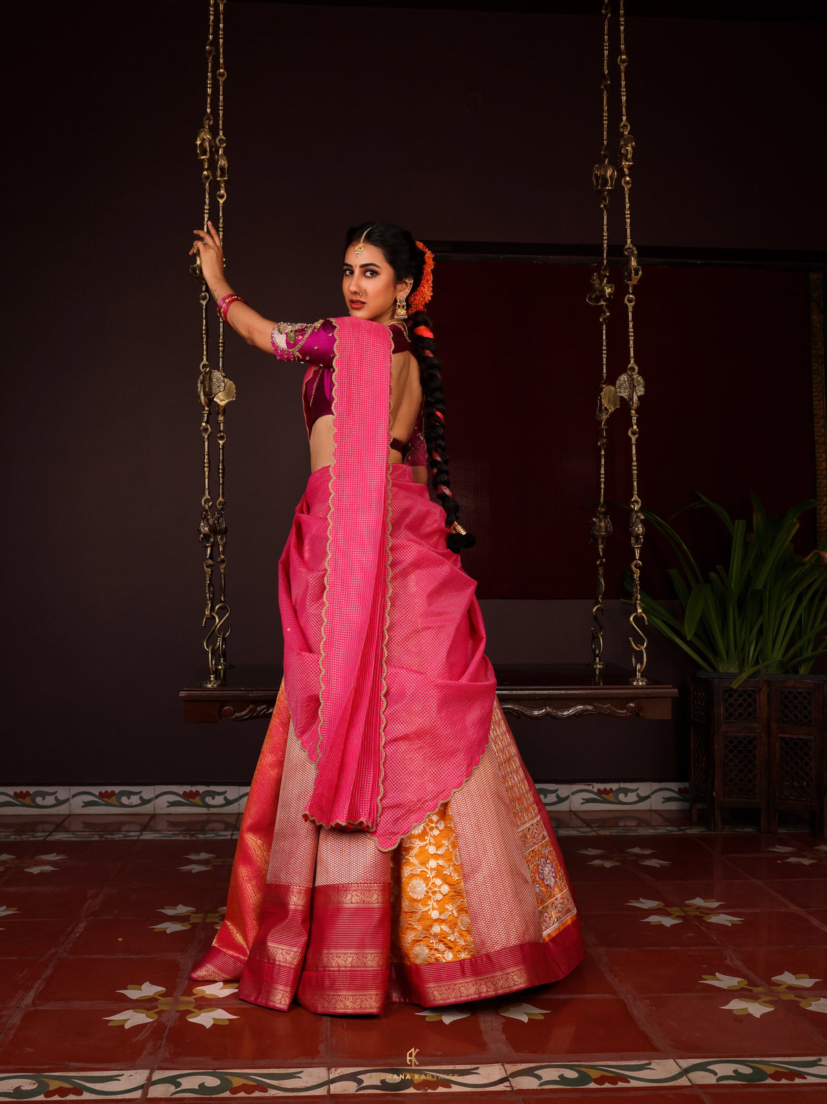 "Jaathimalli" - Pink & Orange Silk Half Saree
