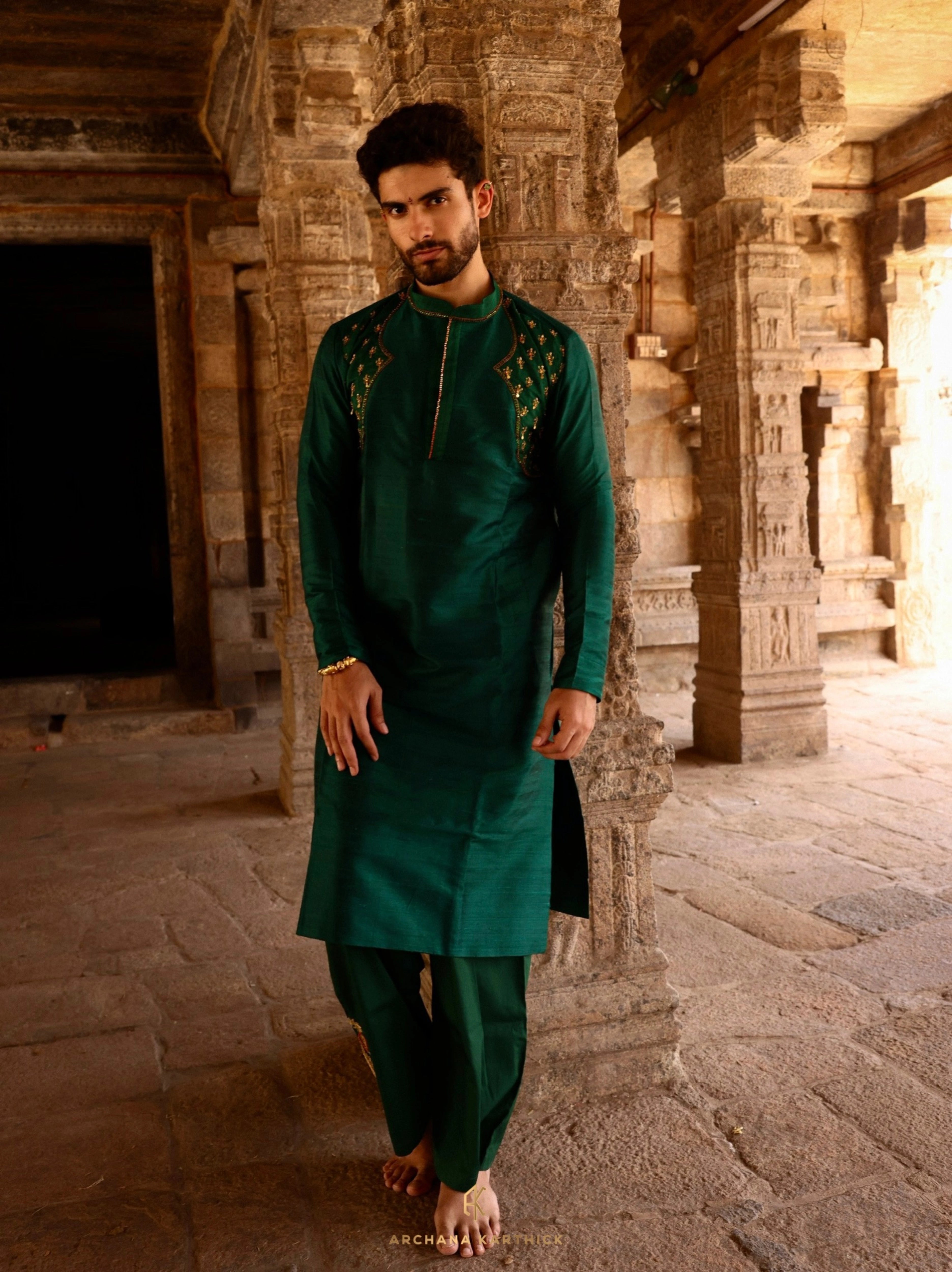 MUTHU - Green Raw Silk Kurta Set for Men