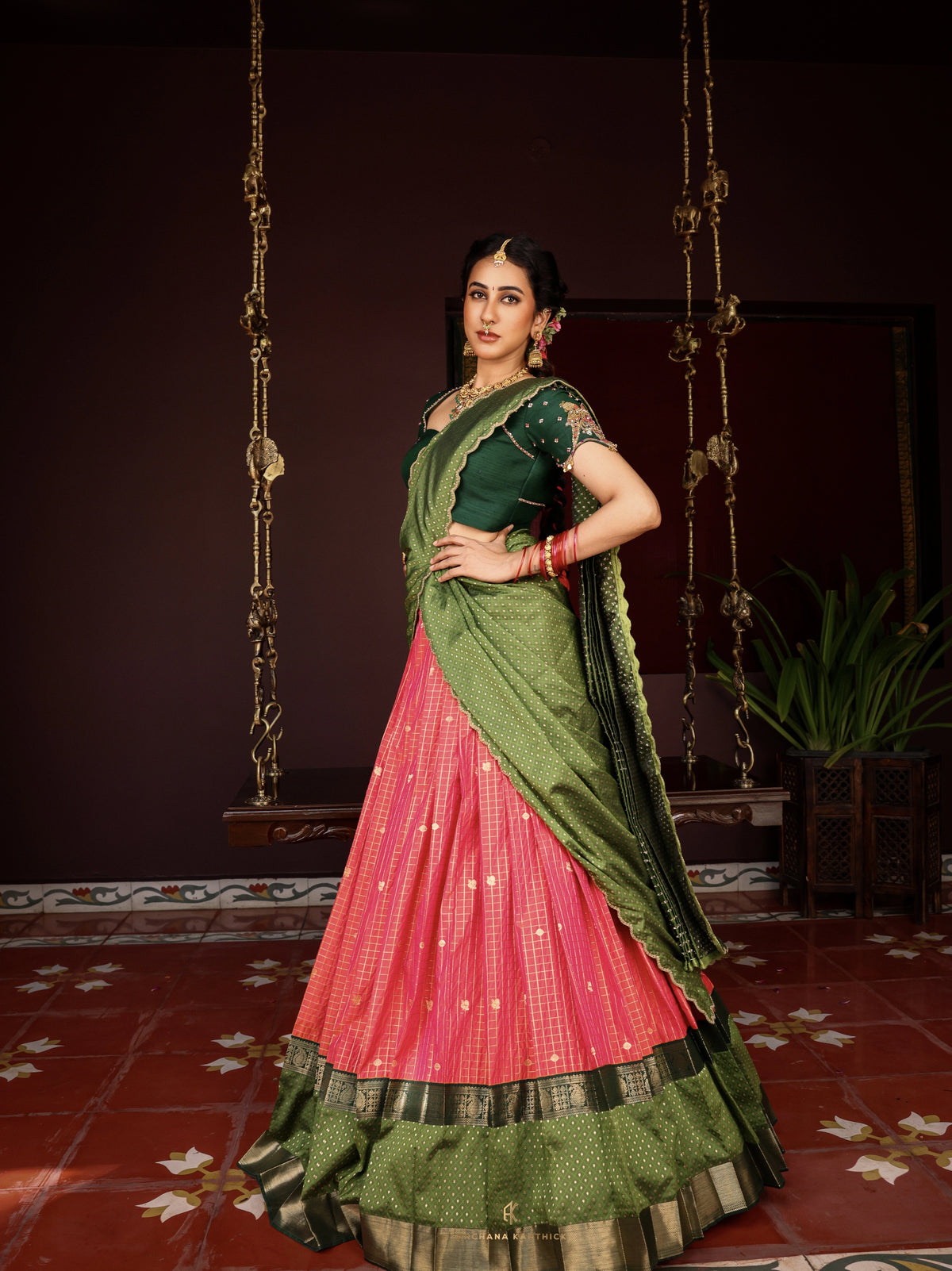 "Sembaruthi" - Green & Pink Silk Half Saree