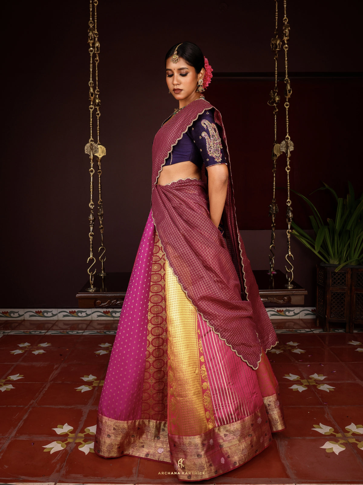 "Thamarai" - Blue, Pink & Magenta Silk Half Saree
