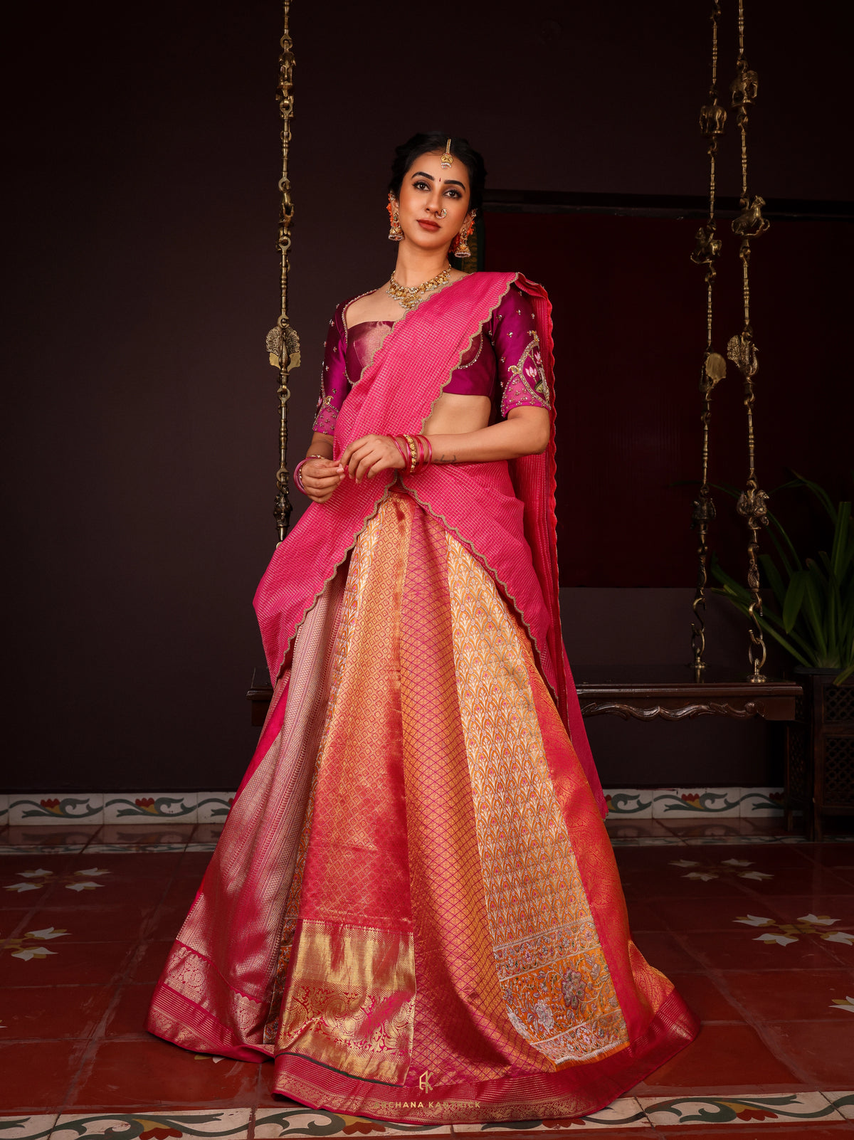 "Jaathimalli" - Pink & Orange Silk Half Saree