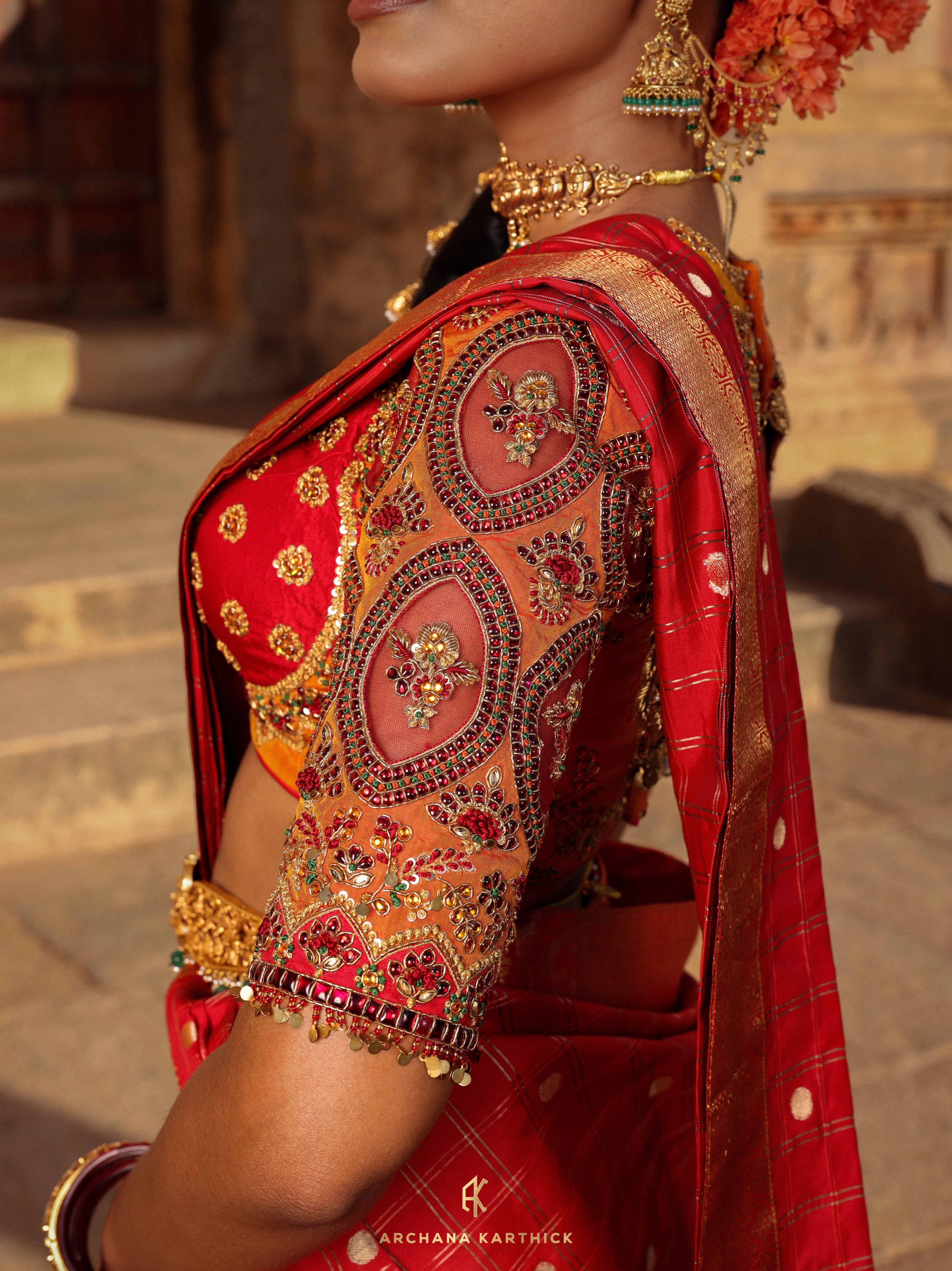 "Sembiyan Mahadevi" - Red, Mustard & Gold Kanjeevaram Silk Half Saree