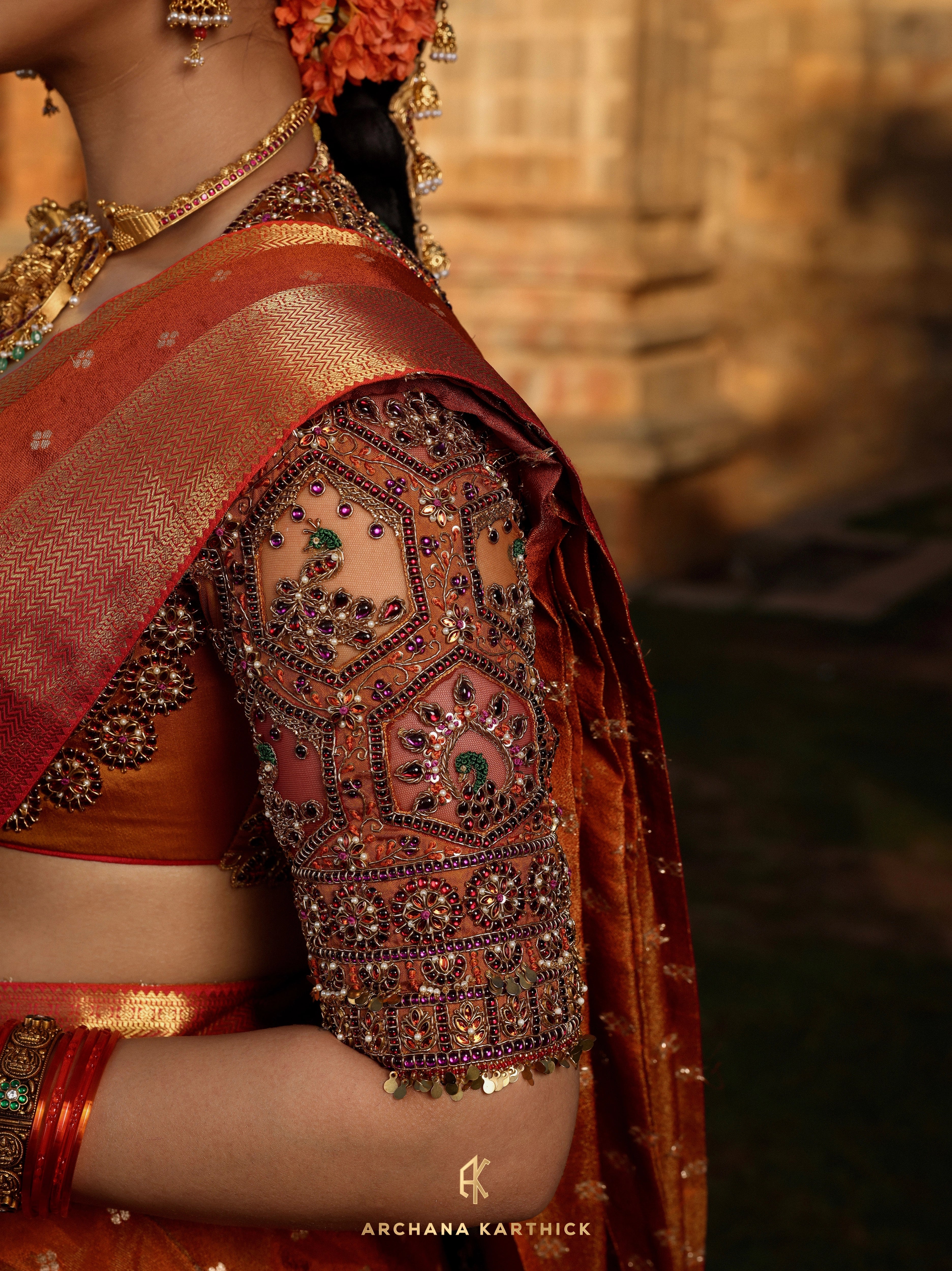 "Mangammal" - Red, Mustard & Orange Kanjeevaram Silk Half Saree