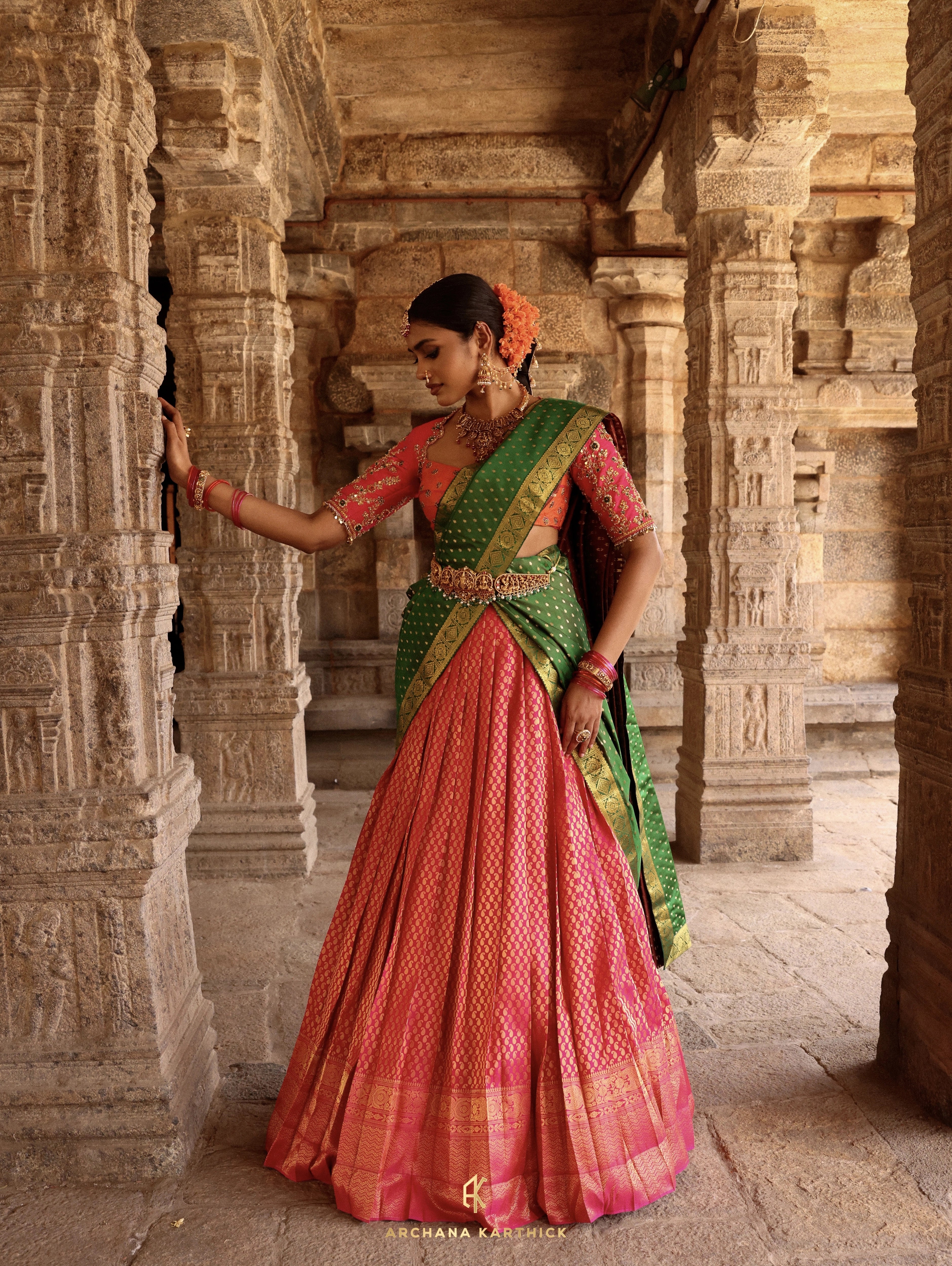 "Velu Nachiyar" - Orange, Pink & Green Silk Half Saree