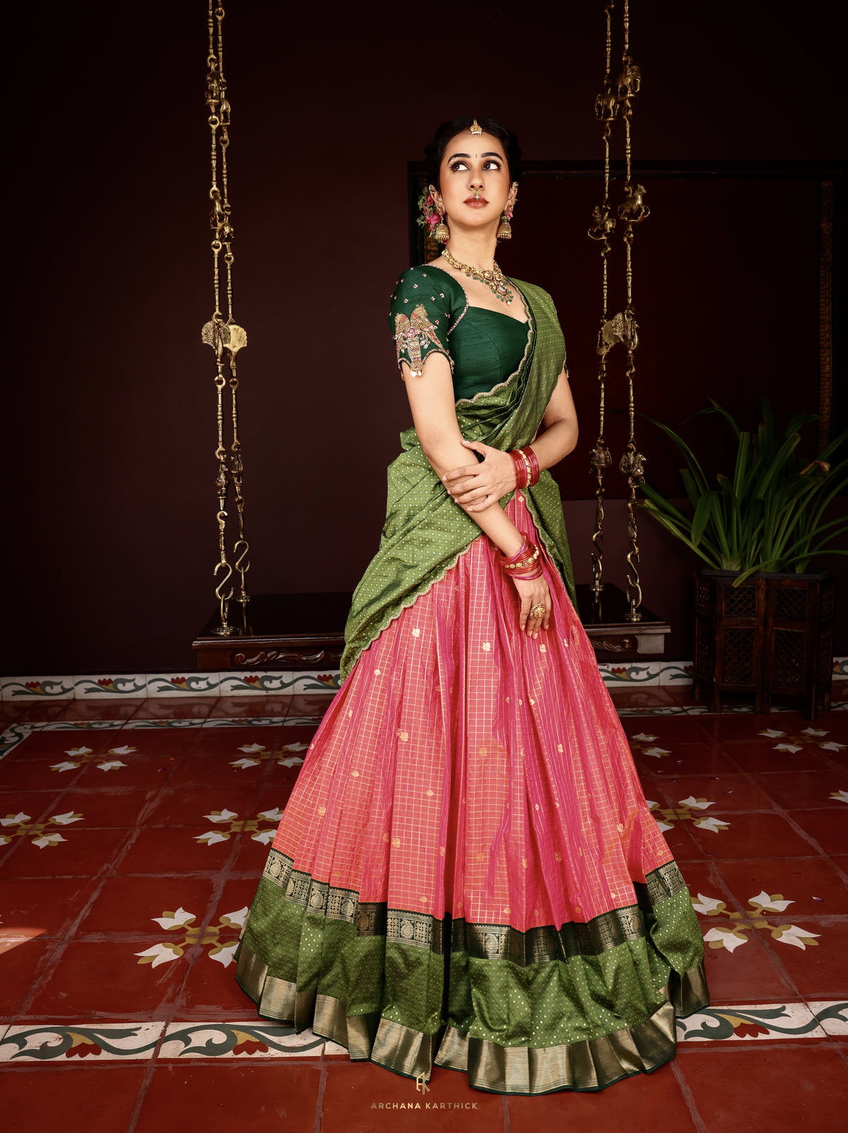 "Sembaruthi" - Green & Pink Silk Half Saree