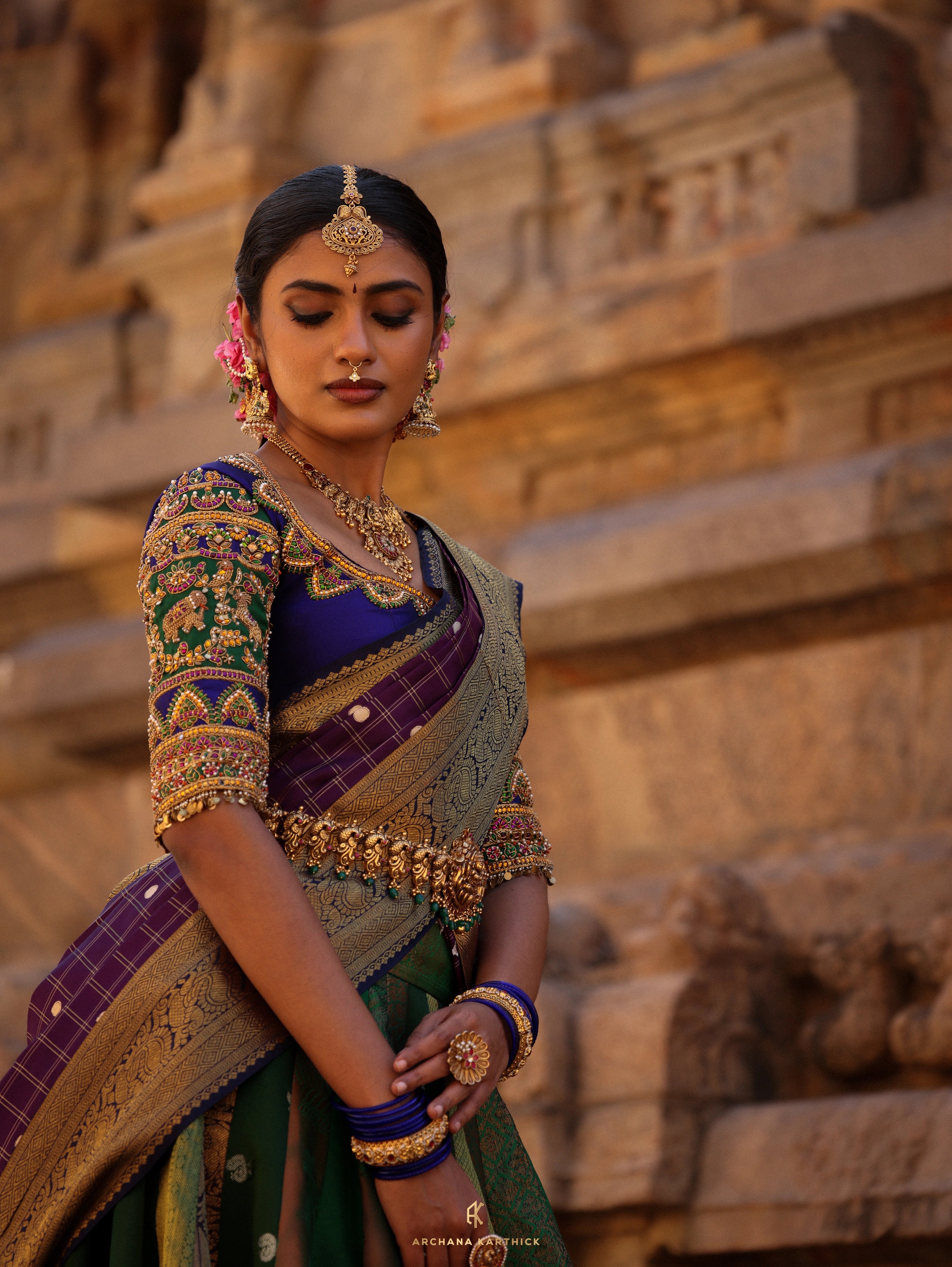"Subbulakshmi" - Green, Purple & Blue Kanjeevaram & Benaras Silk Half Saree
