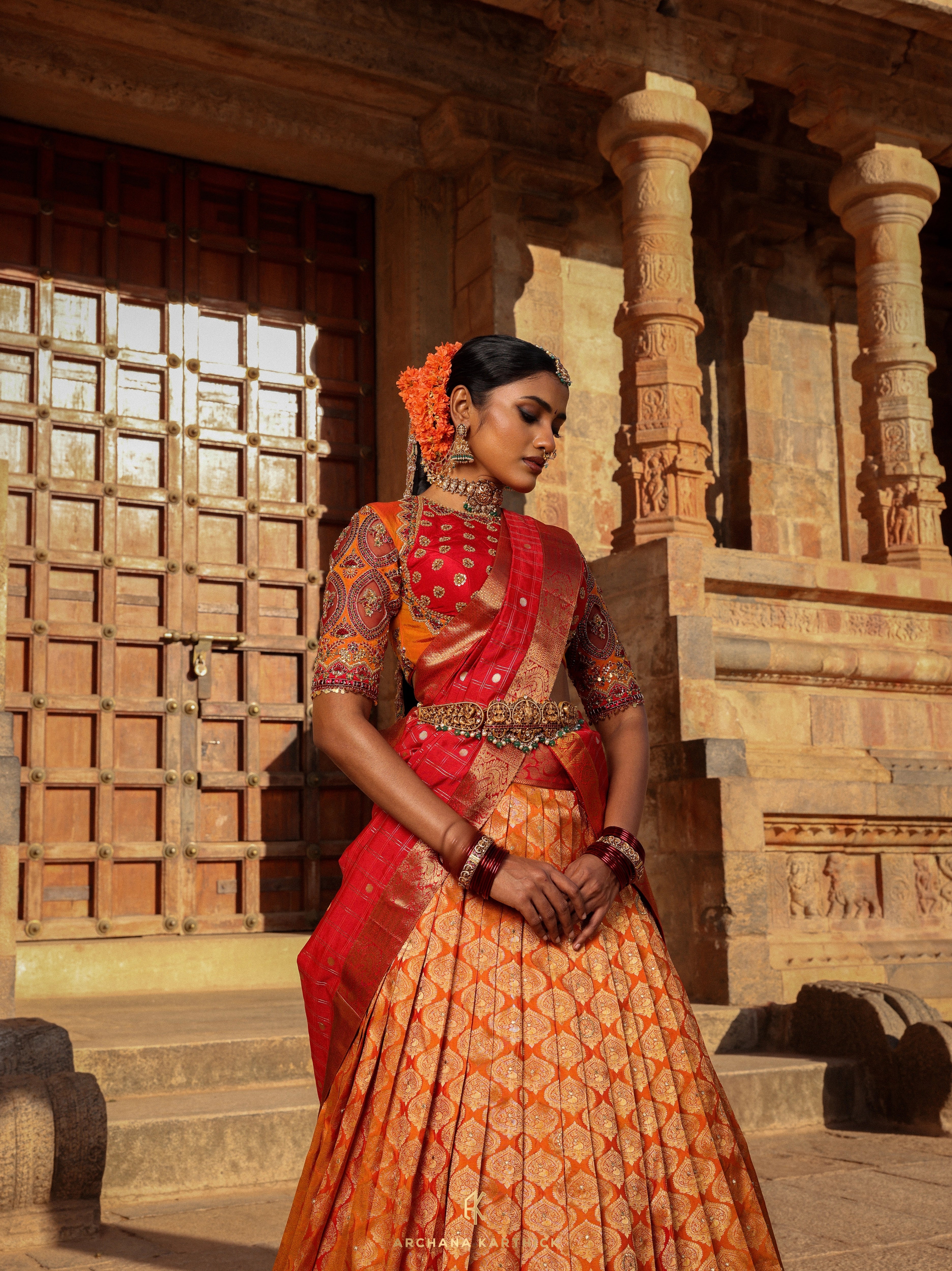 "Sembiyan Mahadevi" - Red, Mustard & Gold Kanjeevaram Silk Half Saree