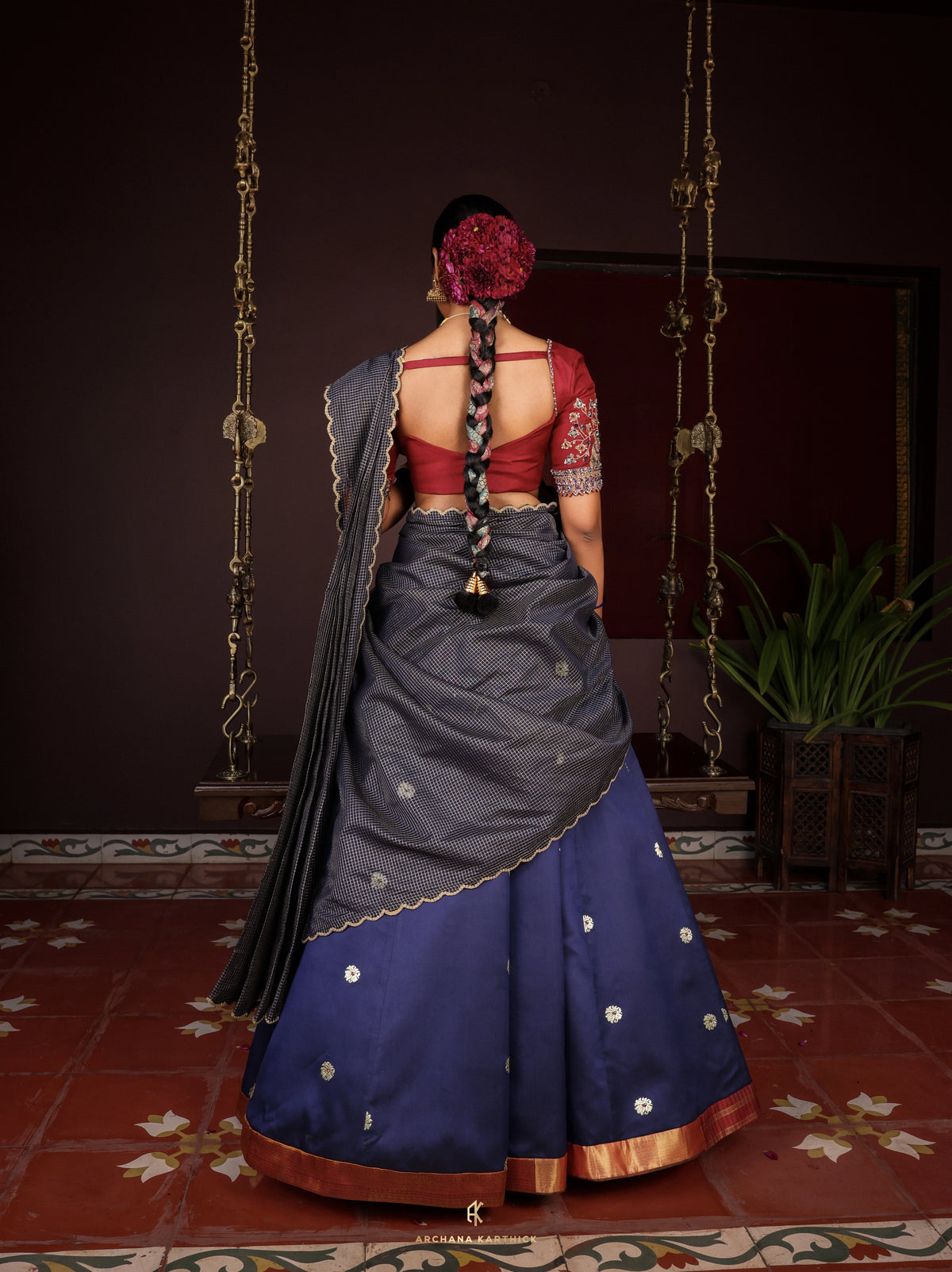 "Virutchi" - Blue & Maroon Silk Half Saree
