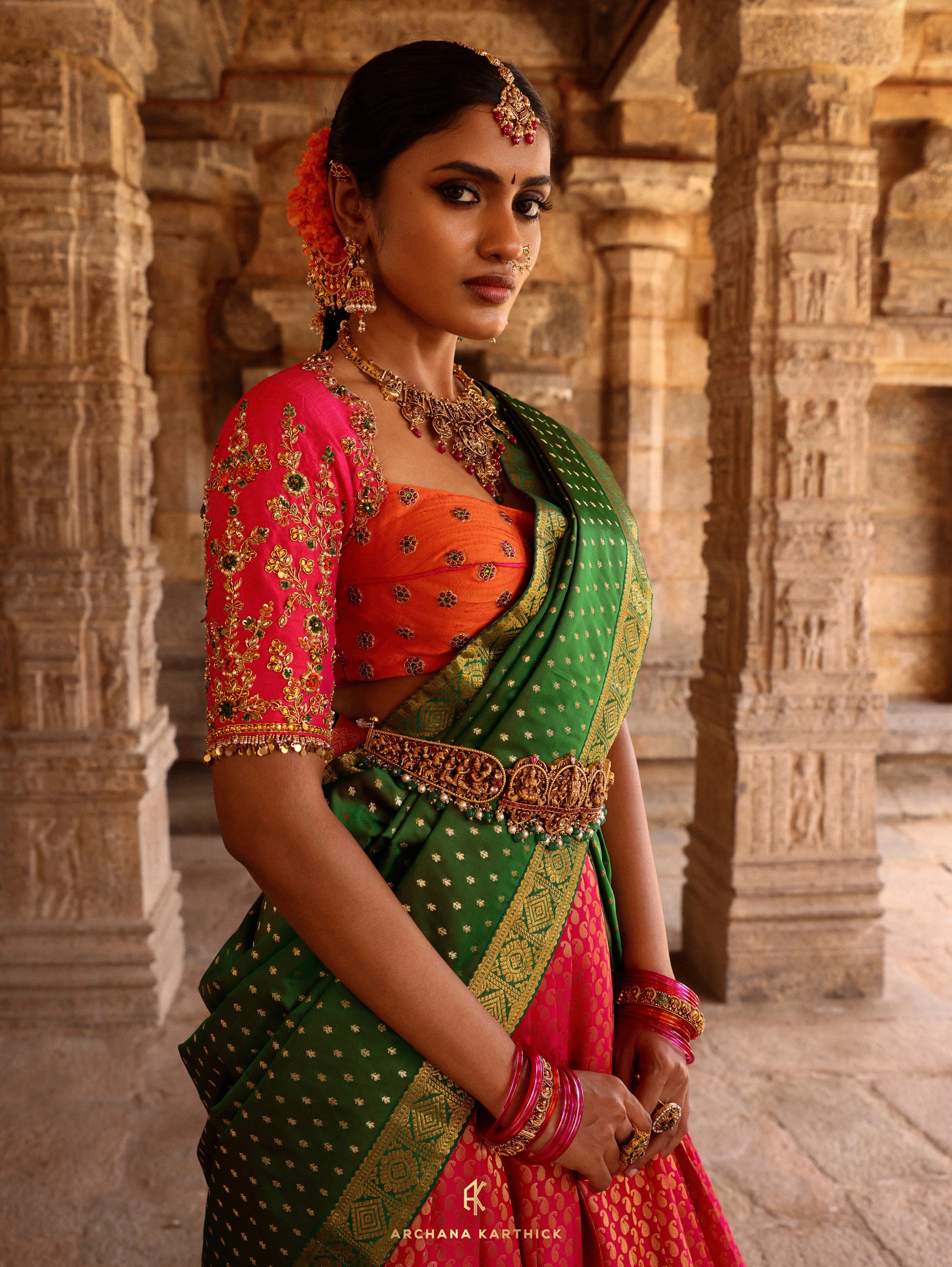 "Velu Nachiyar" - Orange, Pink & Green Silk Half Saree