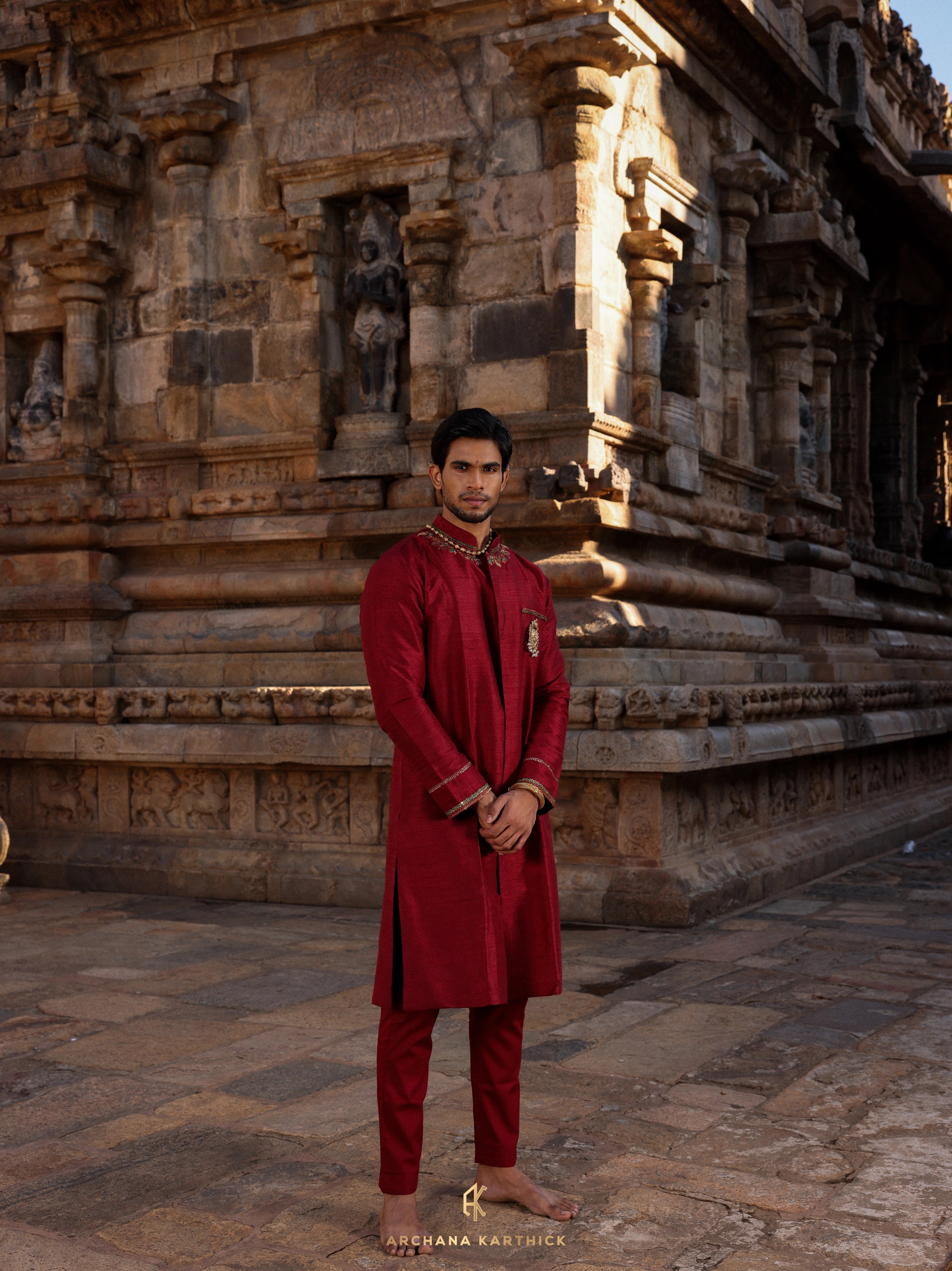 "Gandaraditya" - Maroon Raw Silk Kurta Set for Men
