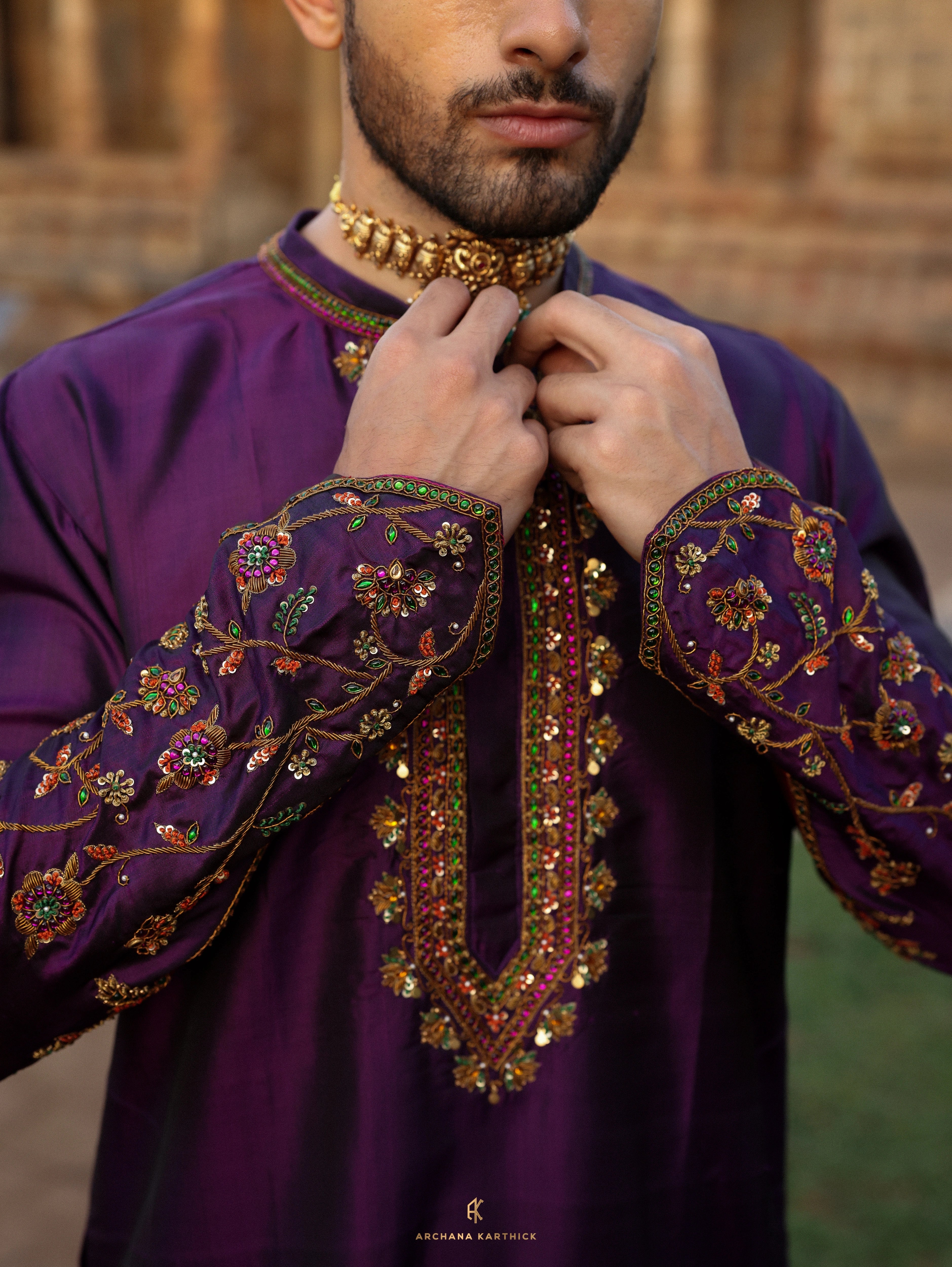 "Arulmozhi" - Purple Kanjeevaram Silk Kurta Set for Men