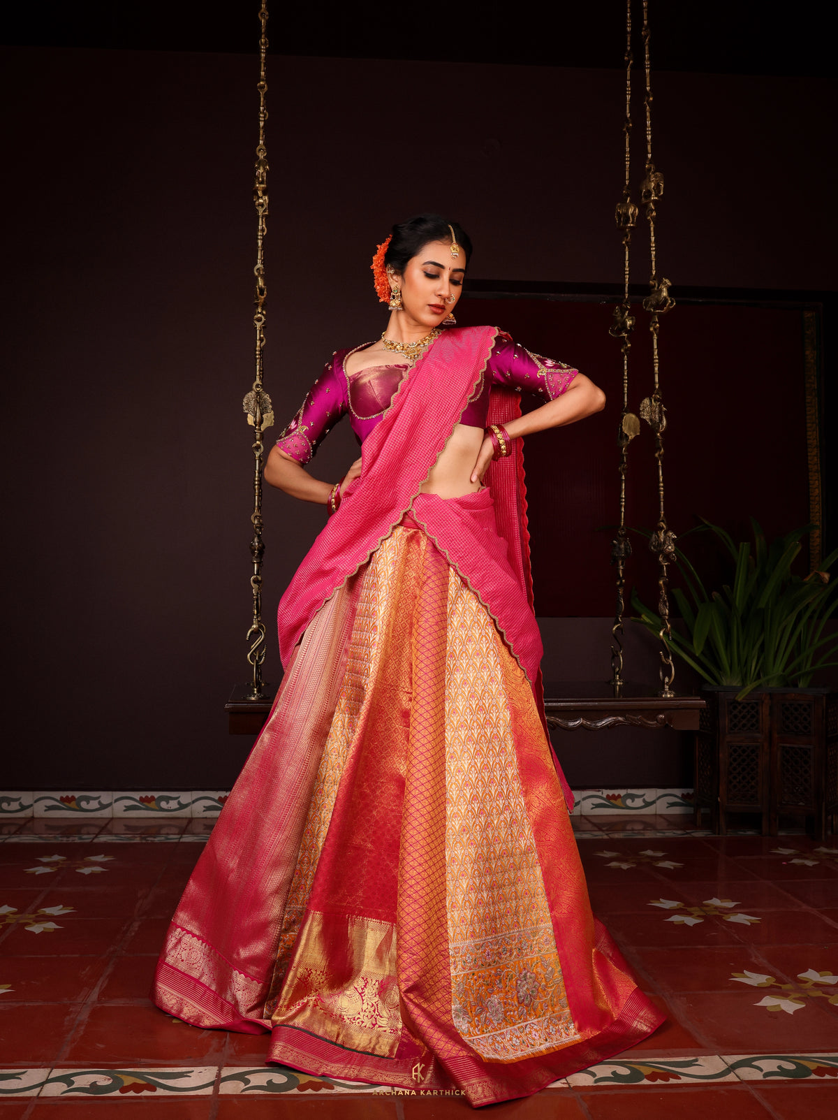 "Jaathimalli" - Pink & Orange Silk Half Saree