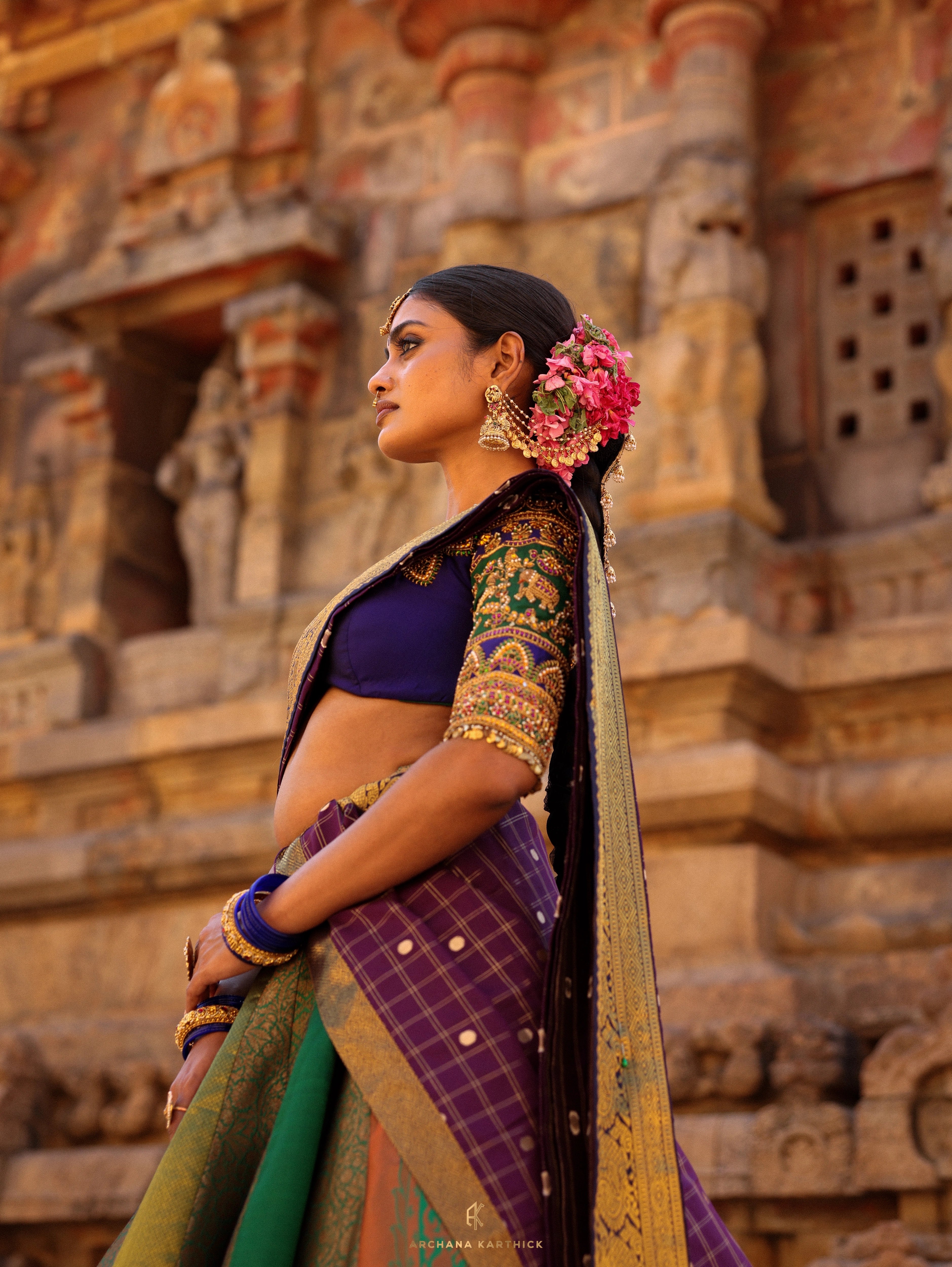 "Subbulakshmi" - Green, Purple & Blue Kanjeevaram & Benaras Silk Half Saree
