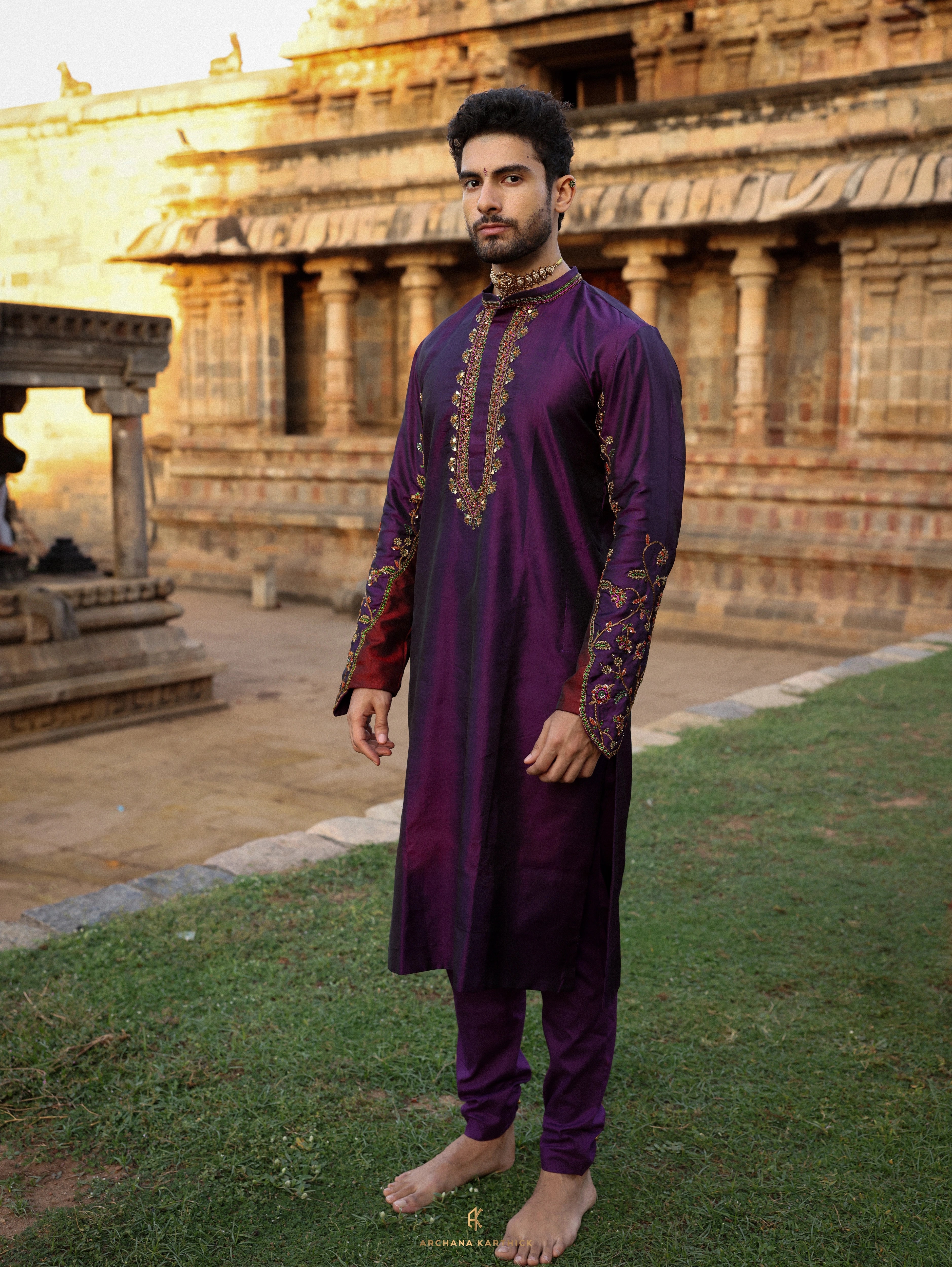 "Arulmozhi" - Purple Kanjeevaram Silk Kurta Set for Men