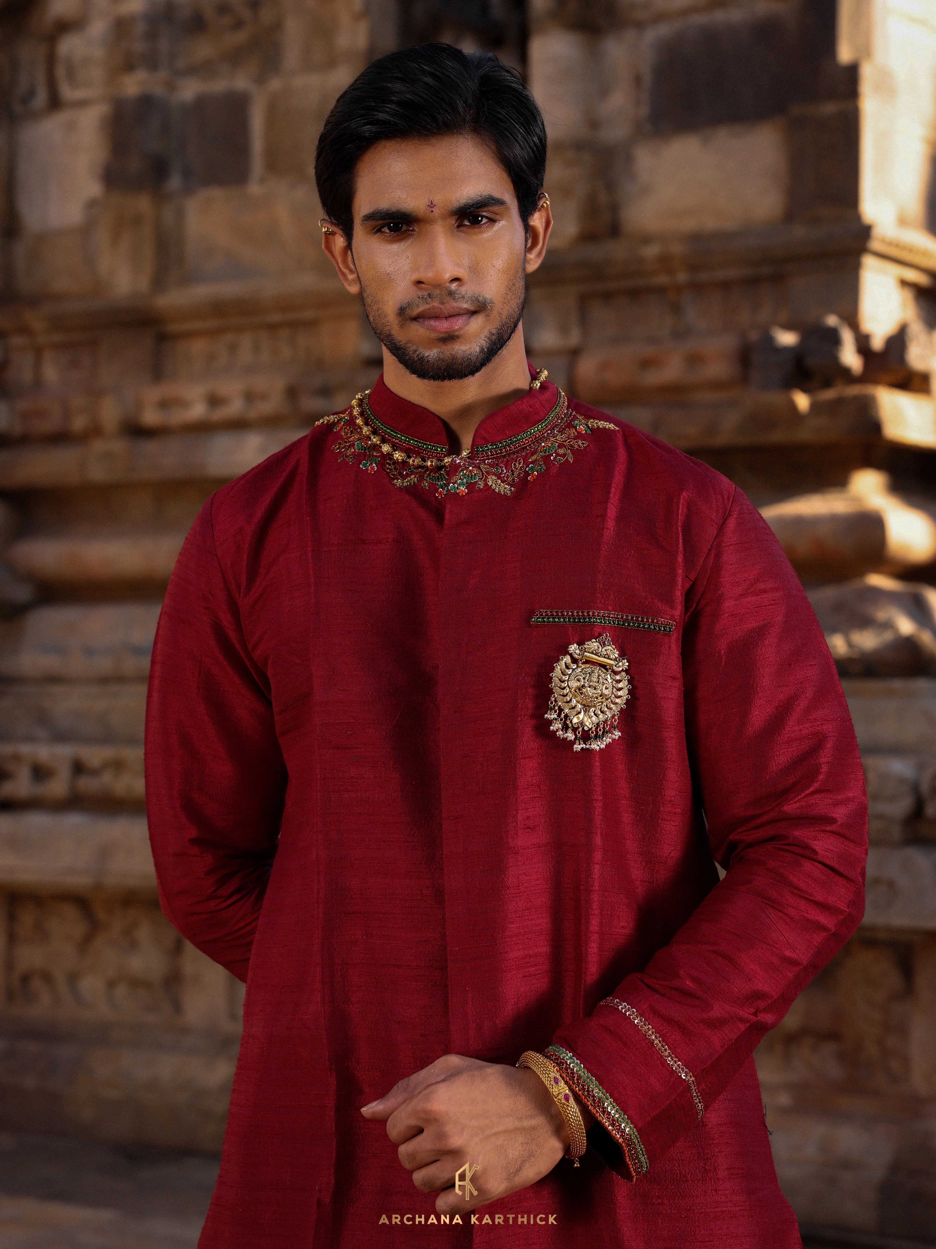 "Gandaraditya" - Maroon Raw Silk Kurta Set for Men