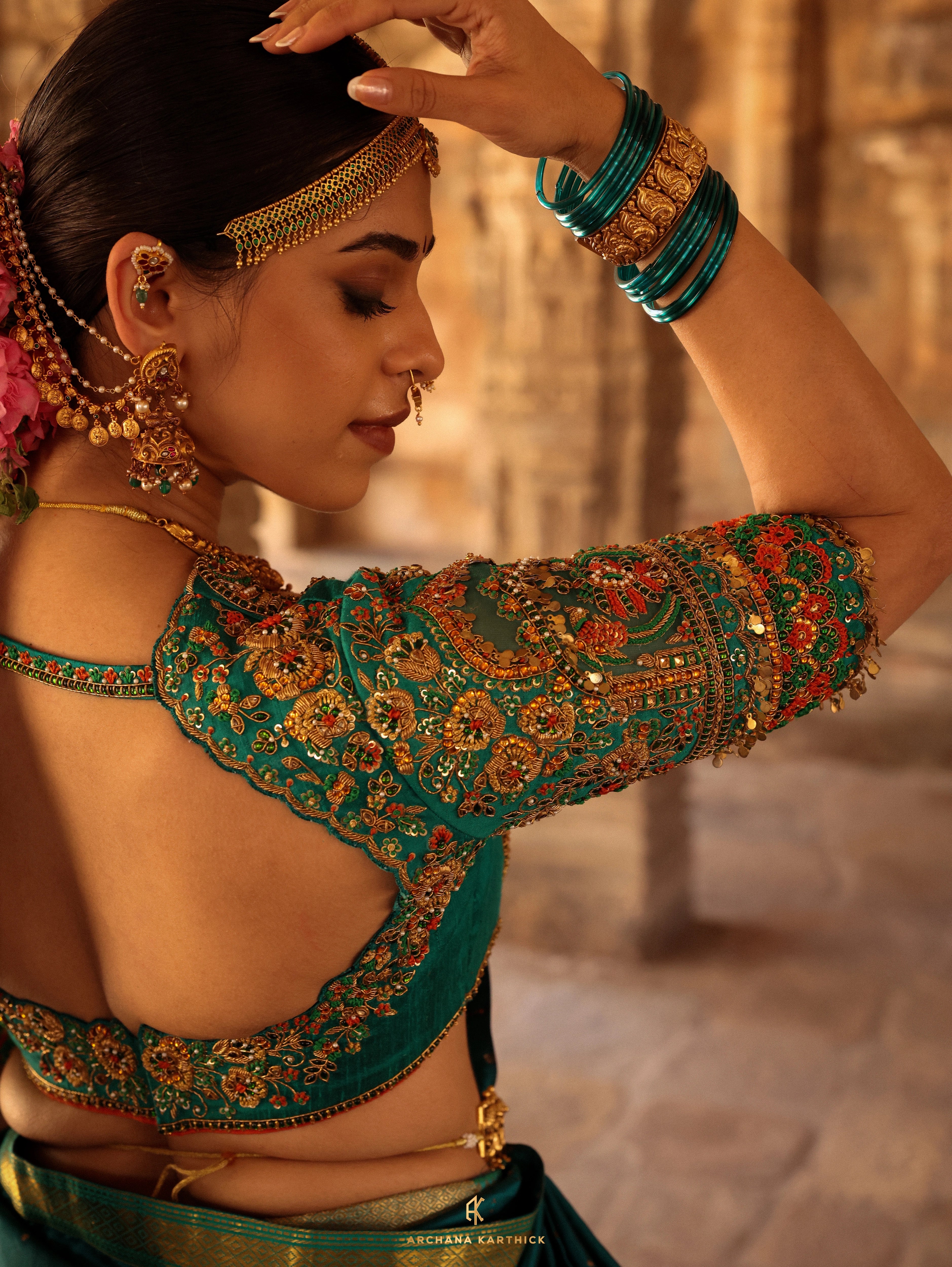 "Rukmini Devi" - Teal Kanjeevaram & Brocade Silk Half Saree