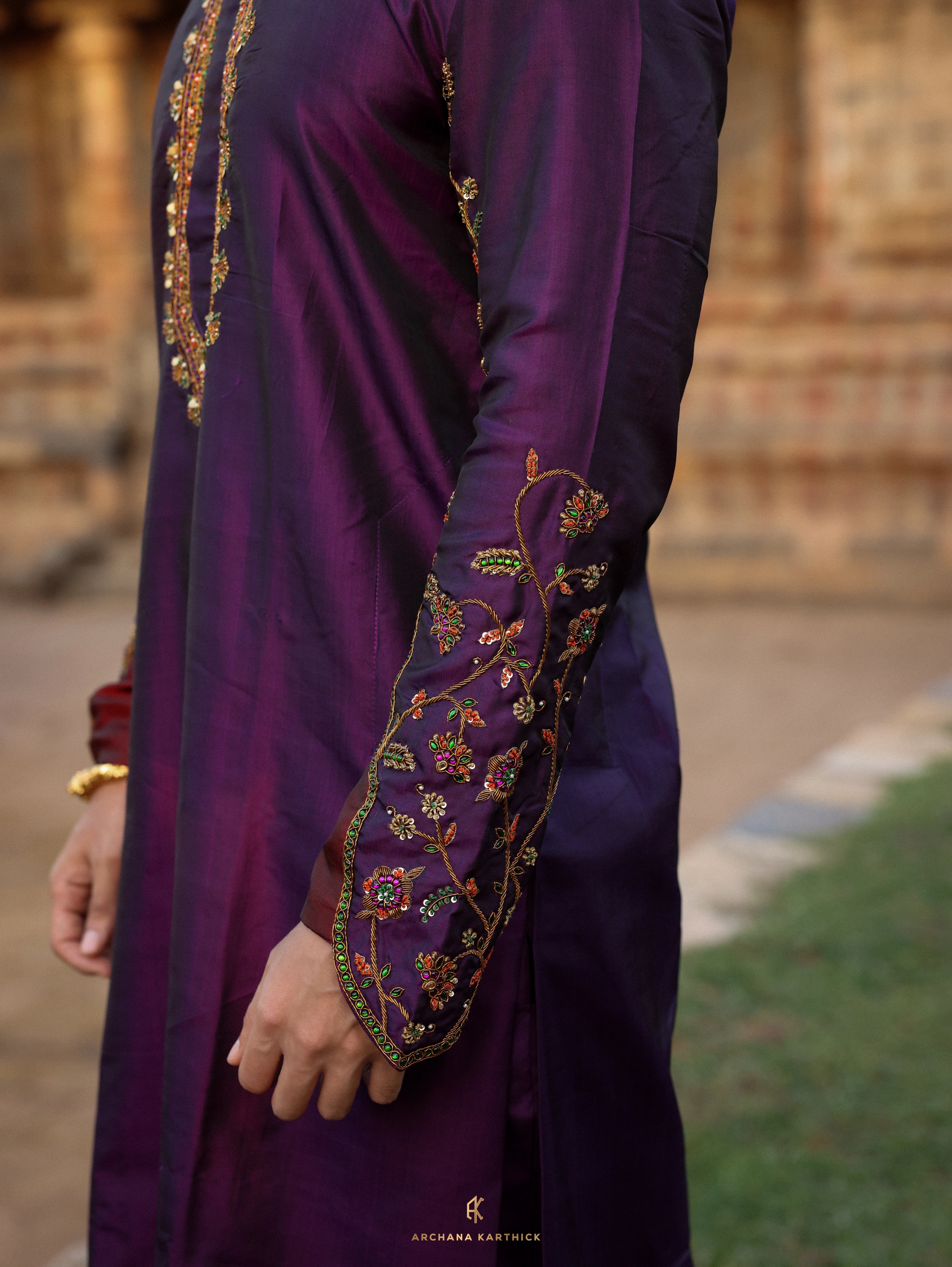 "Arulmozhi" - Purple Kanjeevaram Silk Kurta Set for Men
