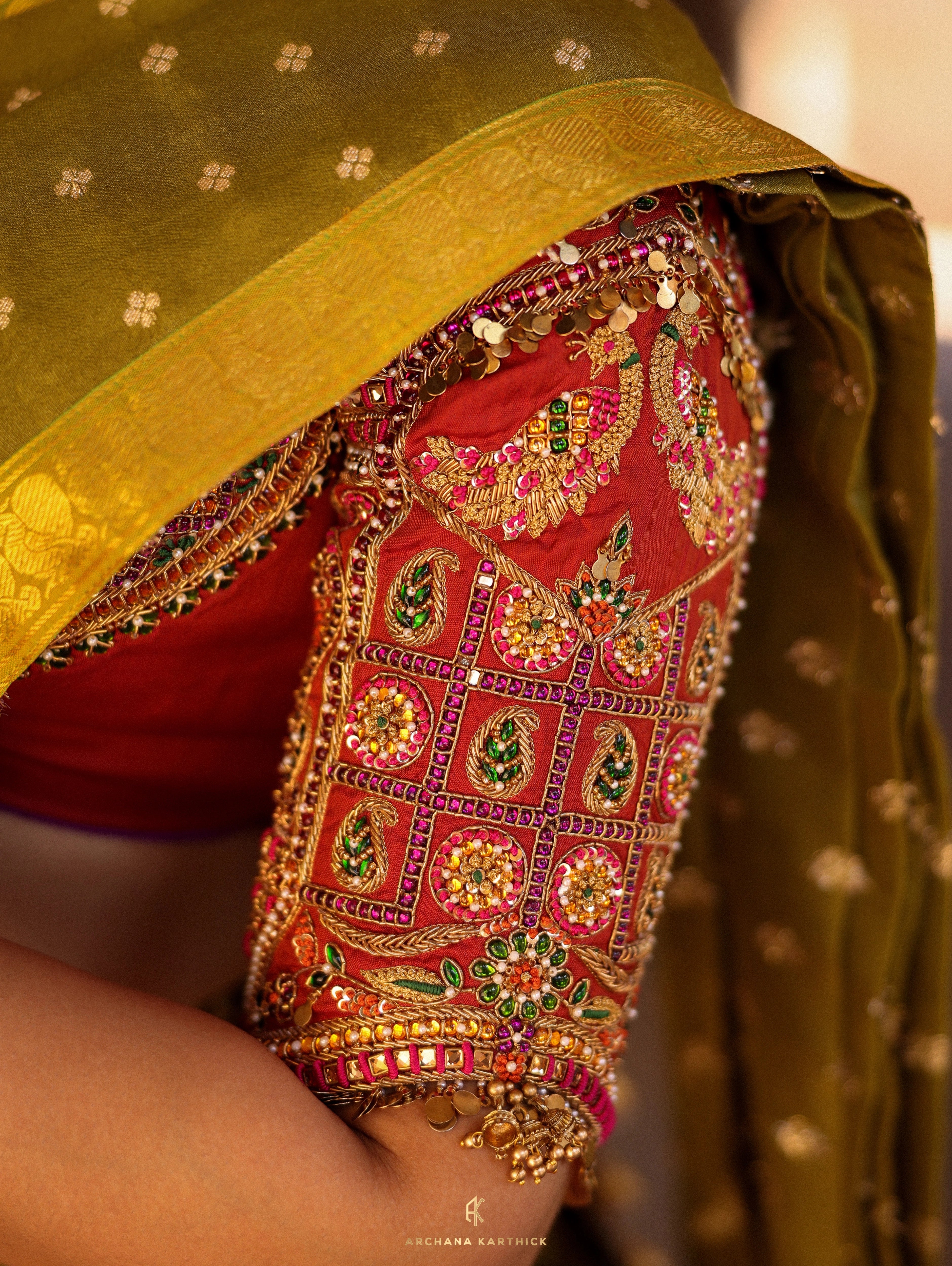 "Rudrama Devi" - Pink, Red & Green Kanjeevaram Silk Half Saree