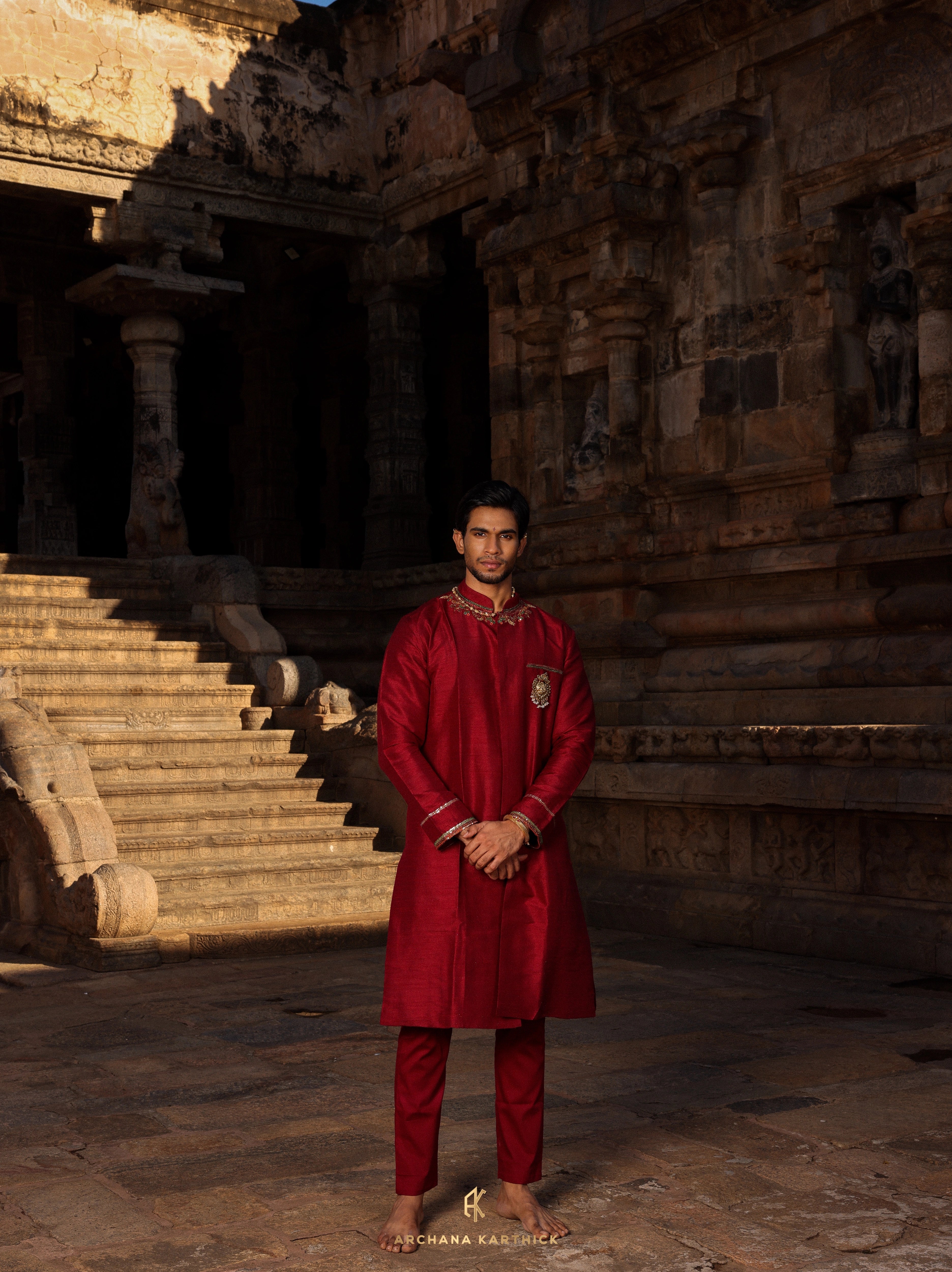 "Gandaraditya" - Maroon Raw Silk Kurta Set for Men