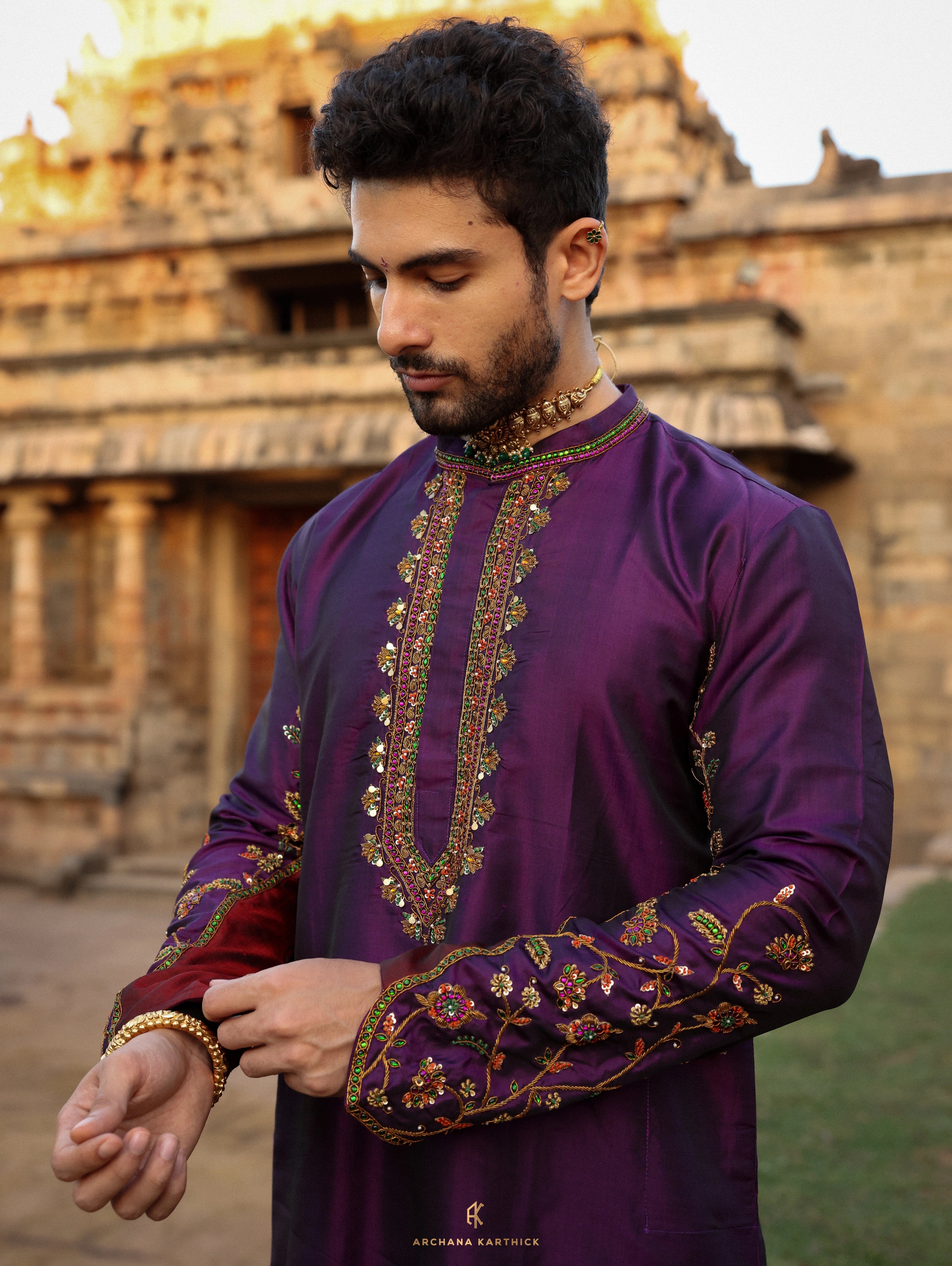 "Arulmozhi" - Purple Kanjeevaram Silk Kurta Set for Men