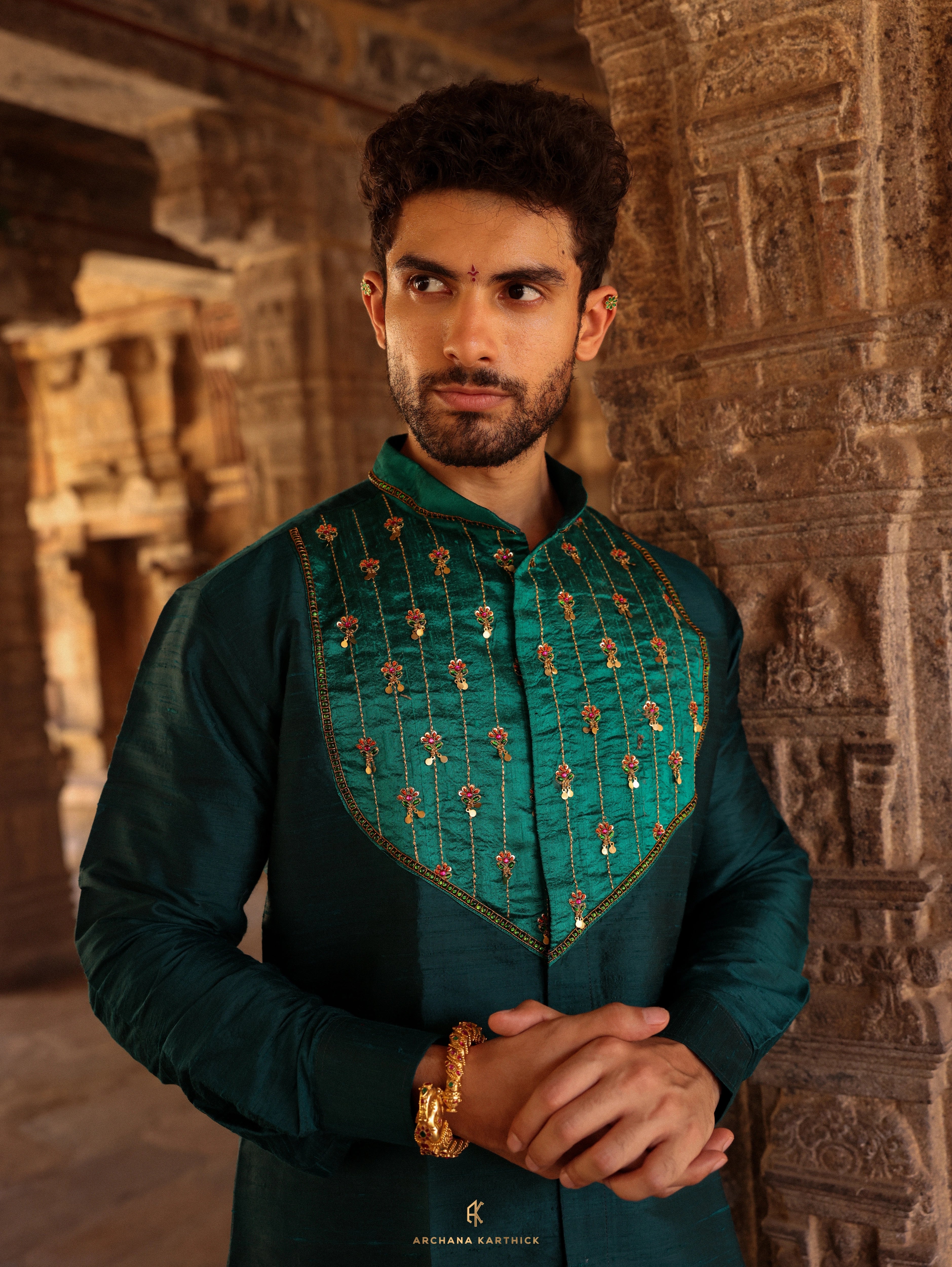 "G ARUNDALE" - Teal, Green & Gold Raw Silk Shirt & Veshti Set for Men