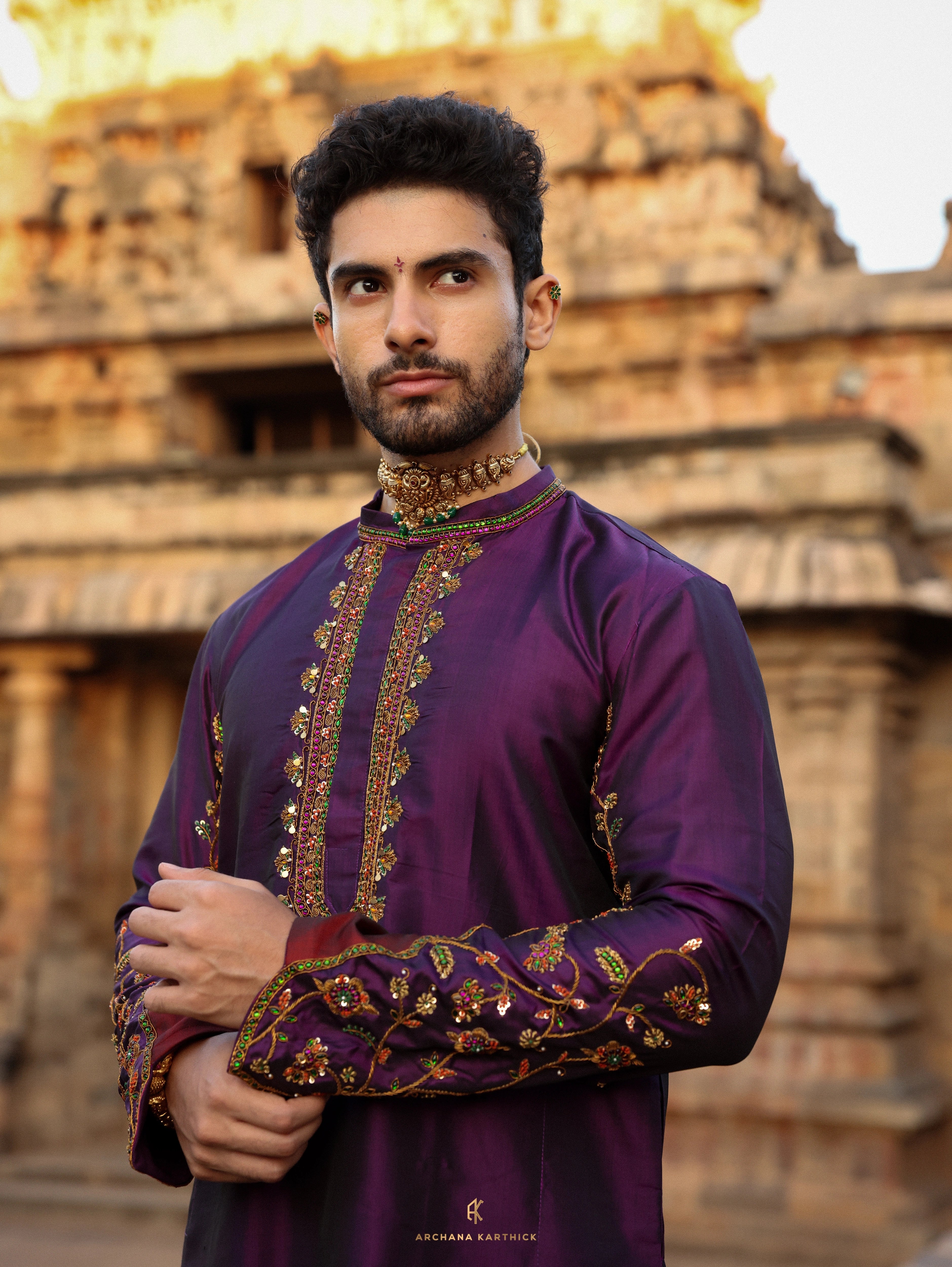 "Arulmozhi" - Purple Kanjeevaram Silk Kurta Set for Men