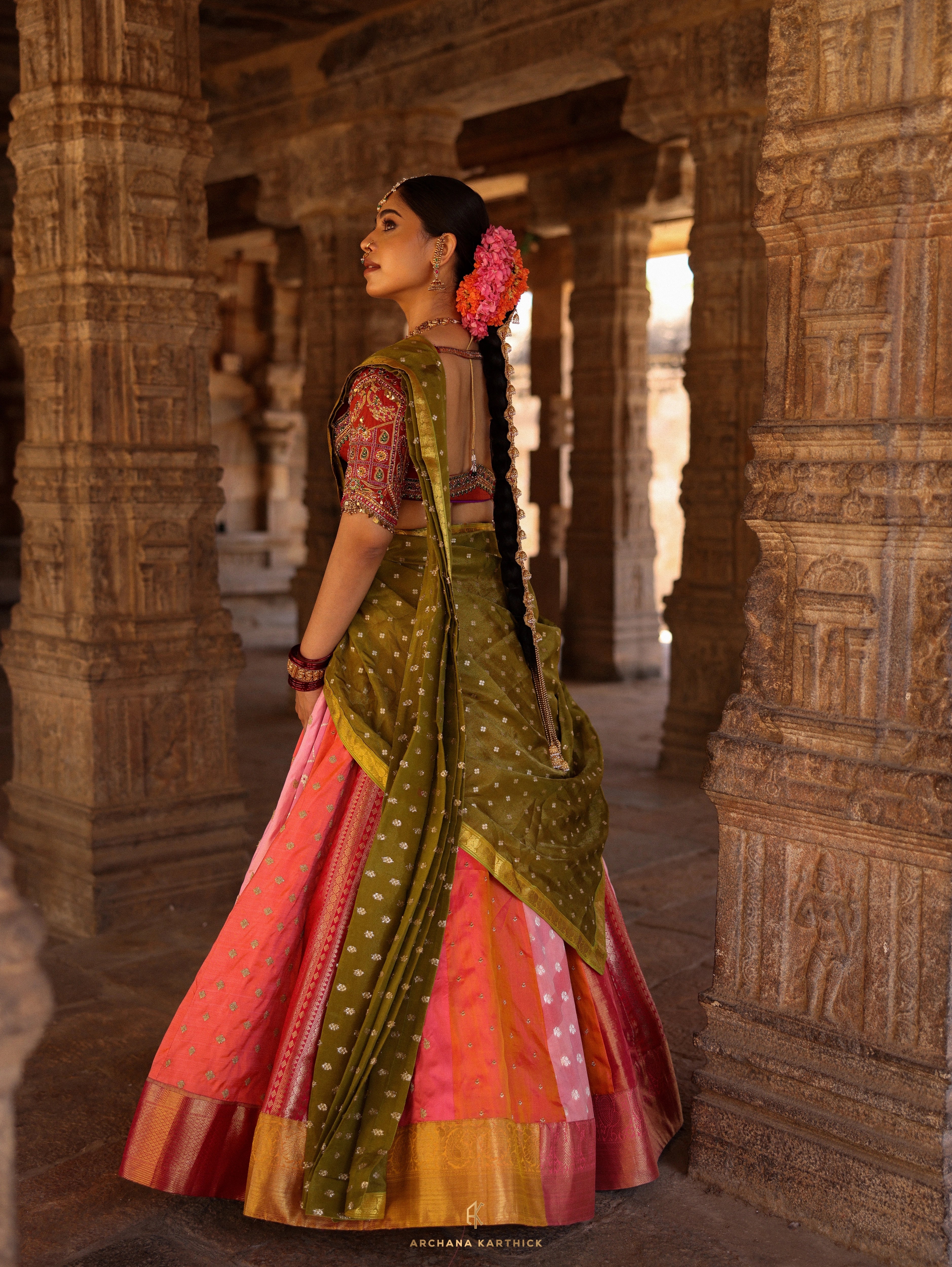 "Rudrama Devi" - Pink, Red & Green Kanjeevaram Silk Half Saree