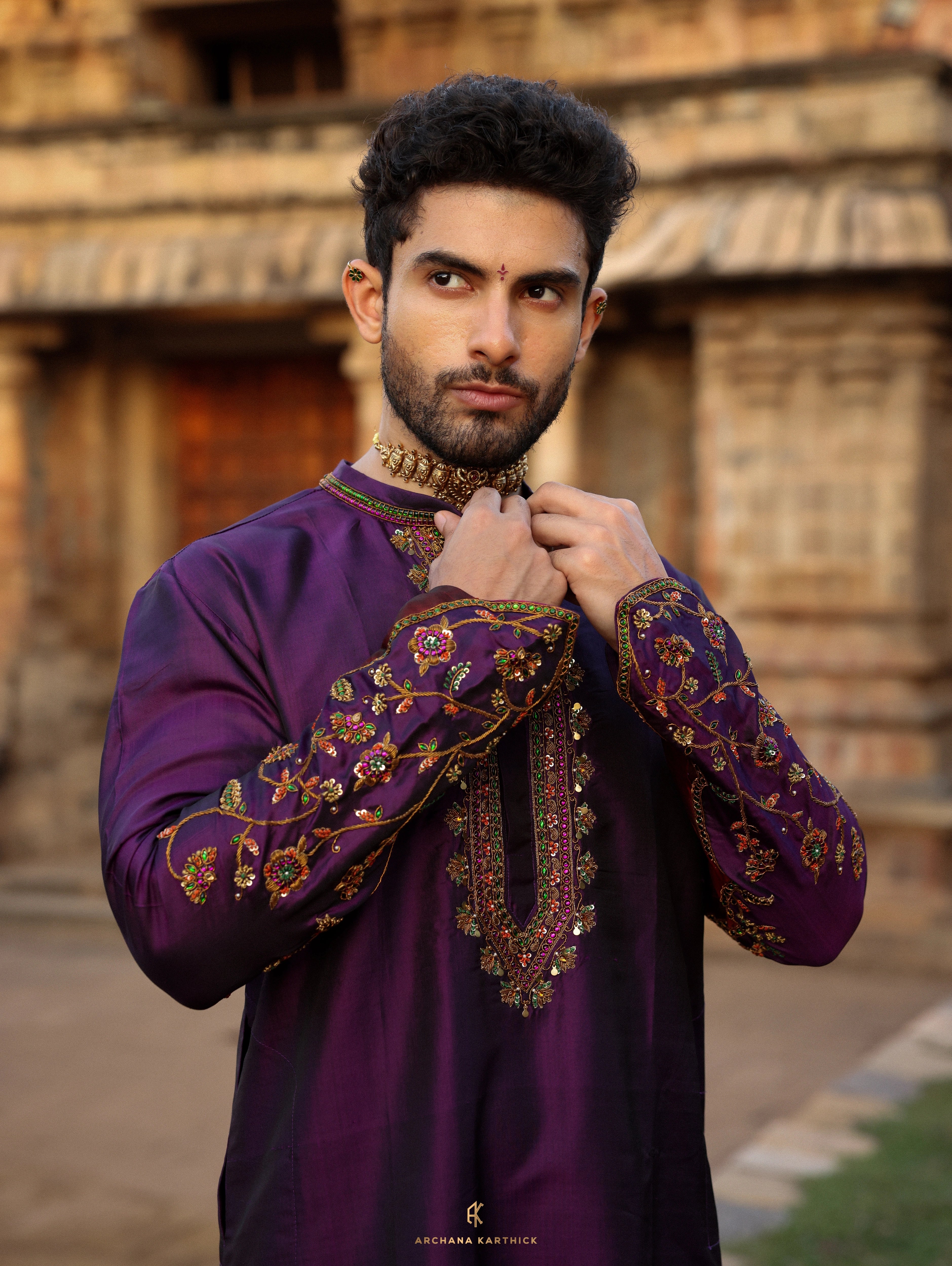 "Arulmozhi" - Purple Kanjeevaram Silk Kurta Set for Men