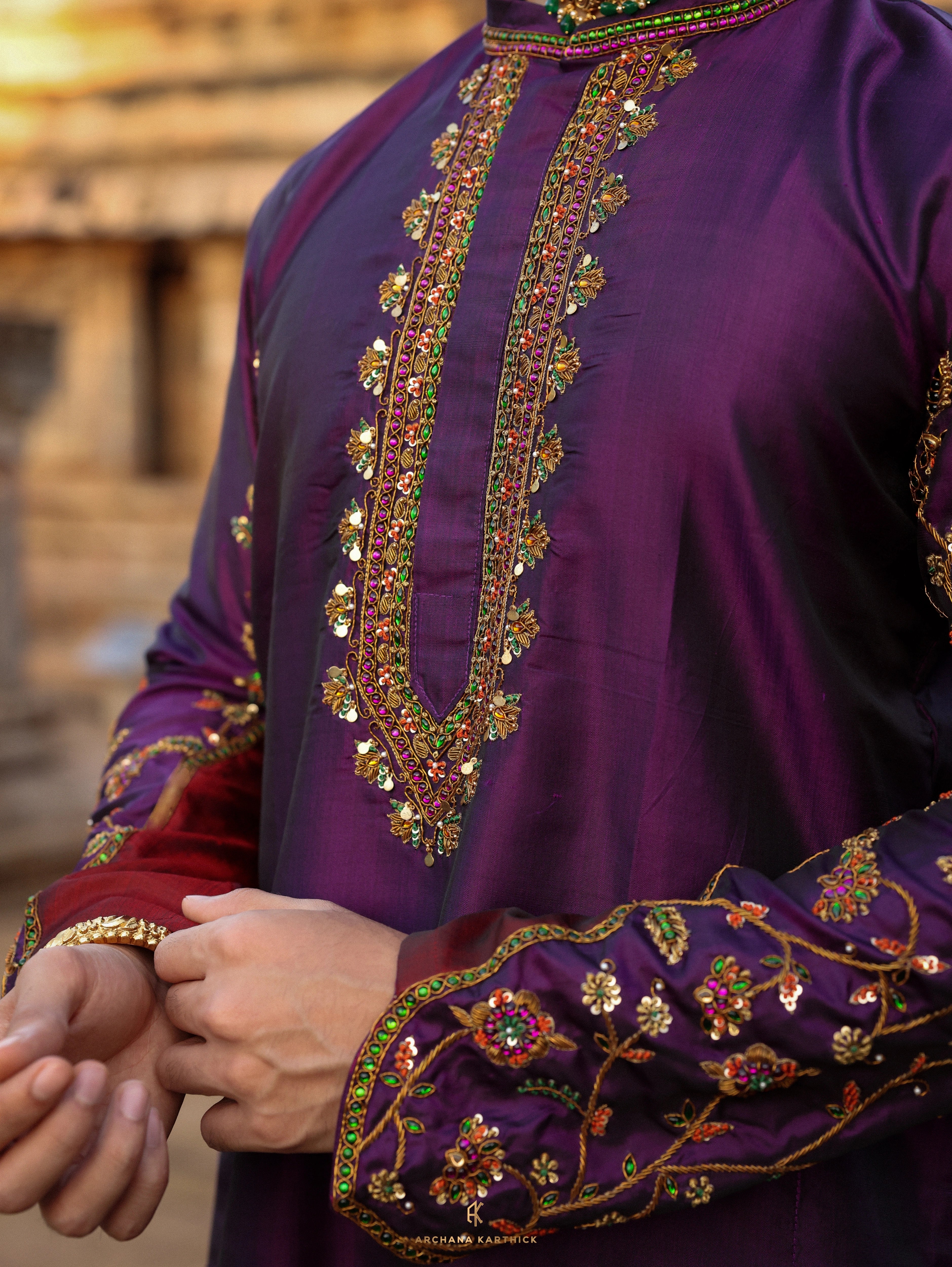 "Arulmozhi" - Purple Kanjeevaram Silk Kurta Set for Men