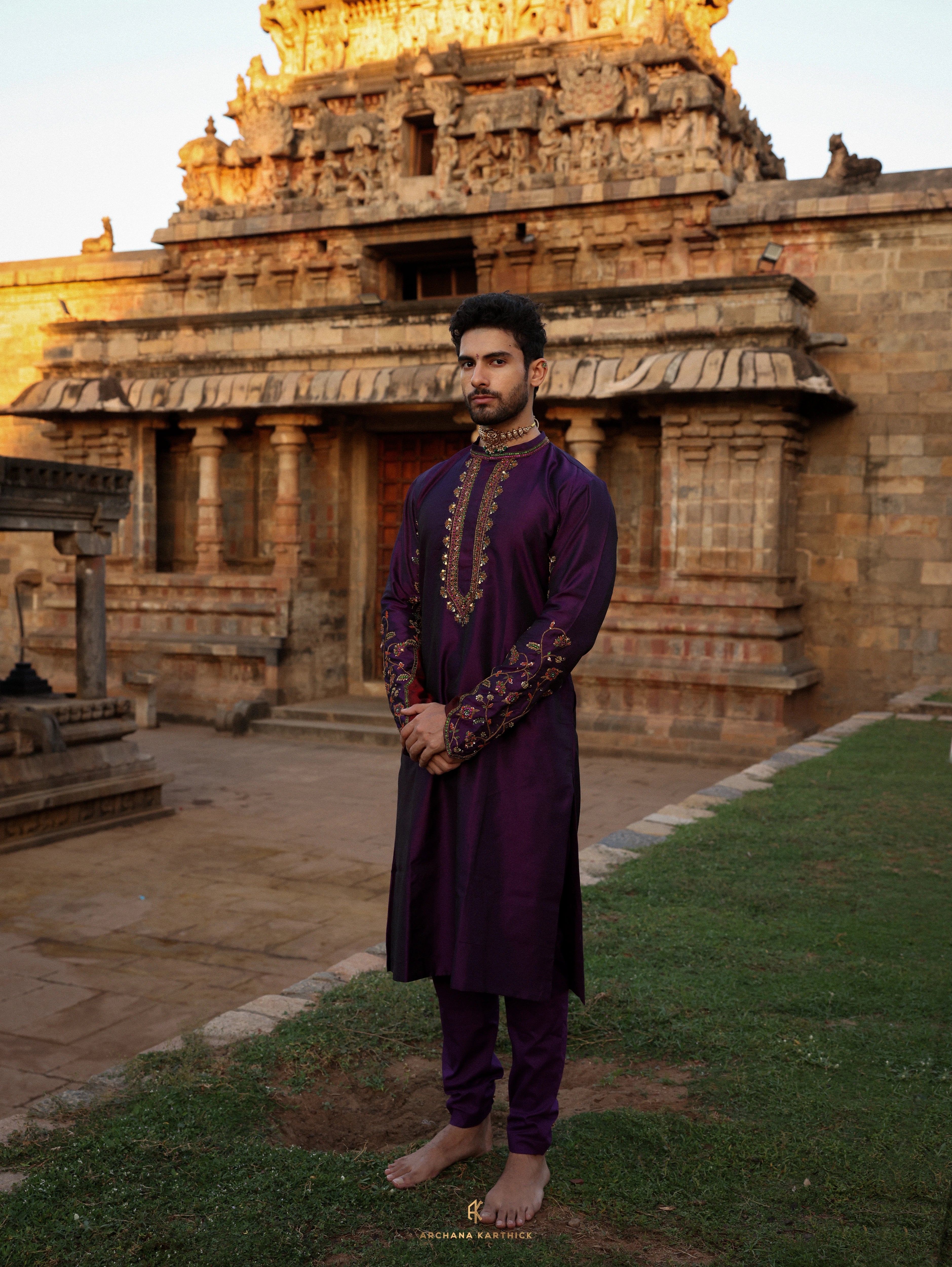 "Arulmozhi" - Purple Kanjeevaram Silk Kurta Set for Men