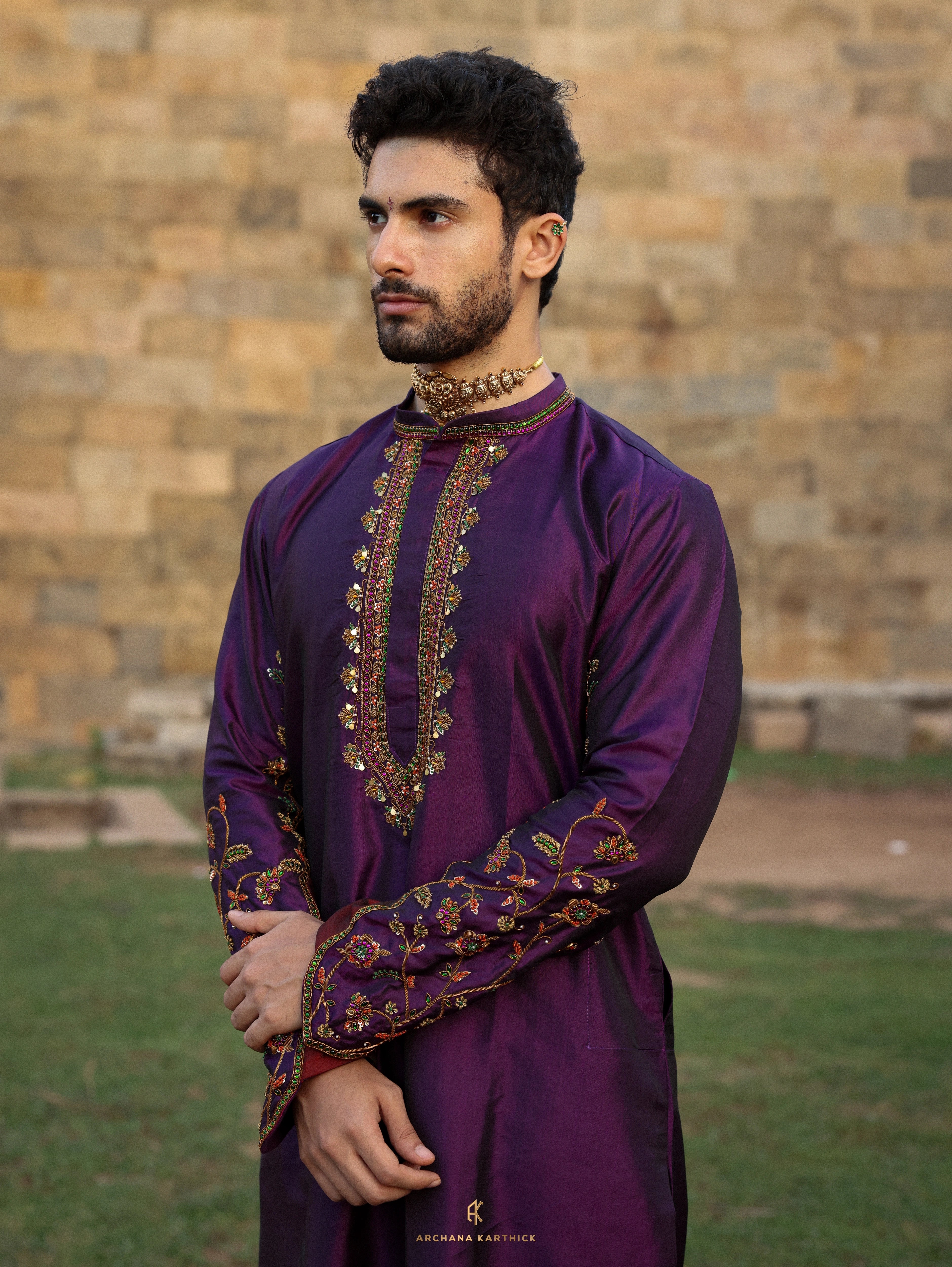 "Arulmozhi" - Purple Kanjeevaram Silk Kurta Set for Men