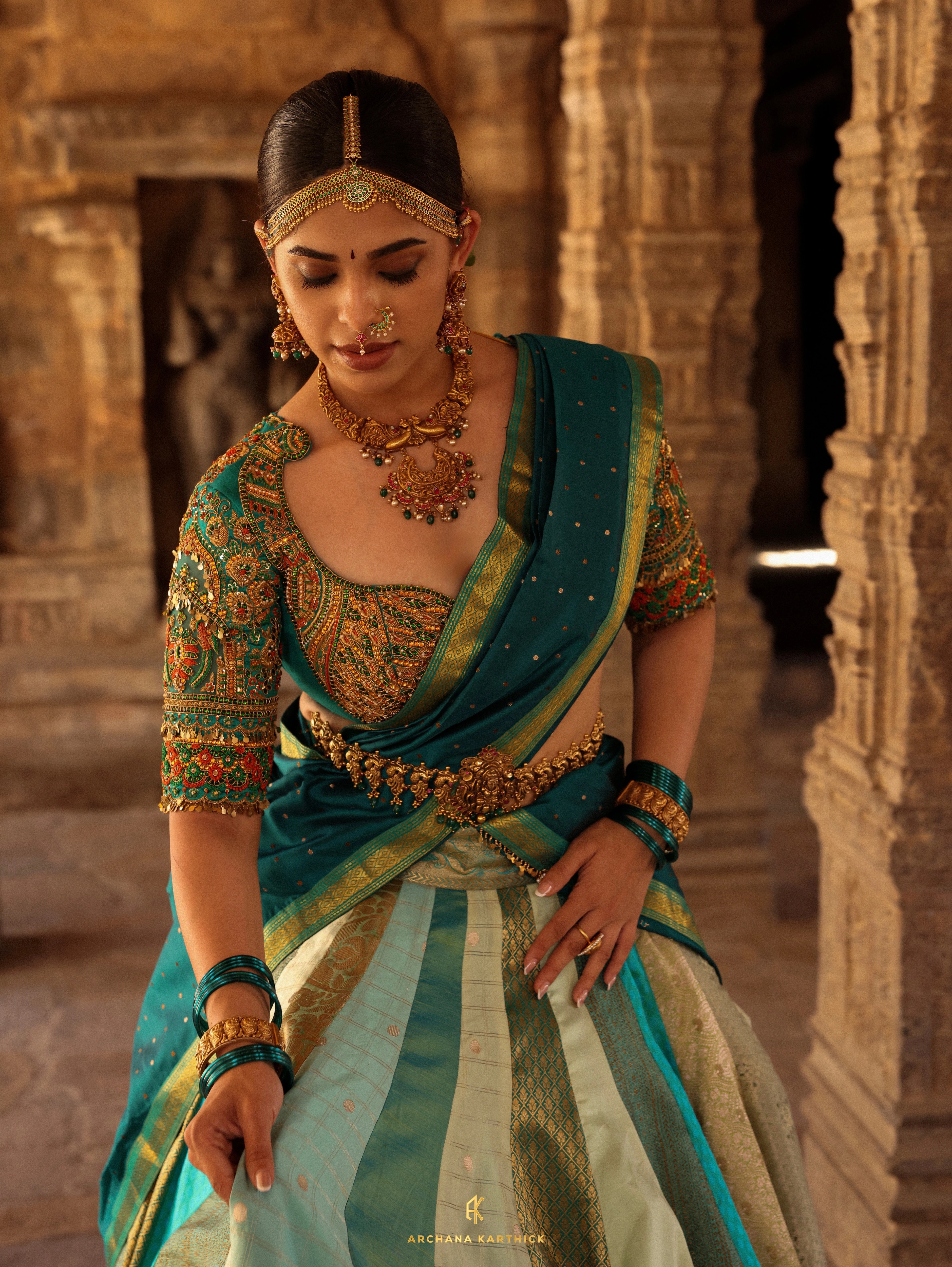 "Rukmini Devi" - Teal Kanjeevaram & Brocade Silk Half Saree