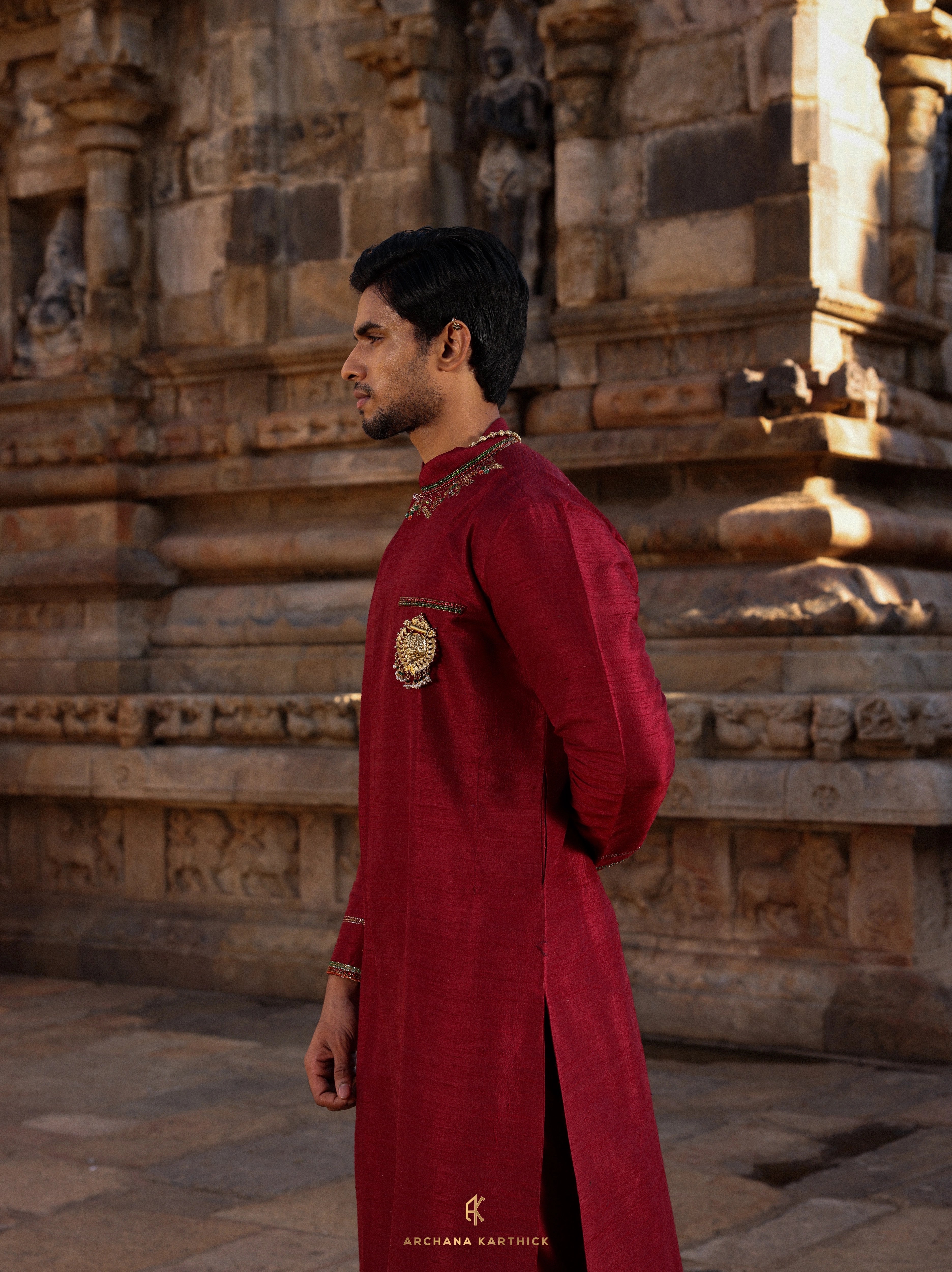 "Gandaraditya" - Maroon Raw Silk Kurta Set for Men