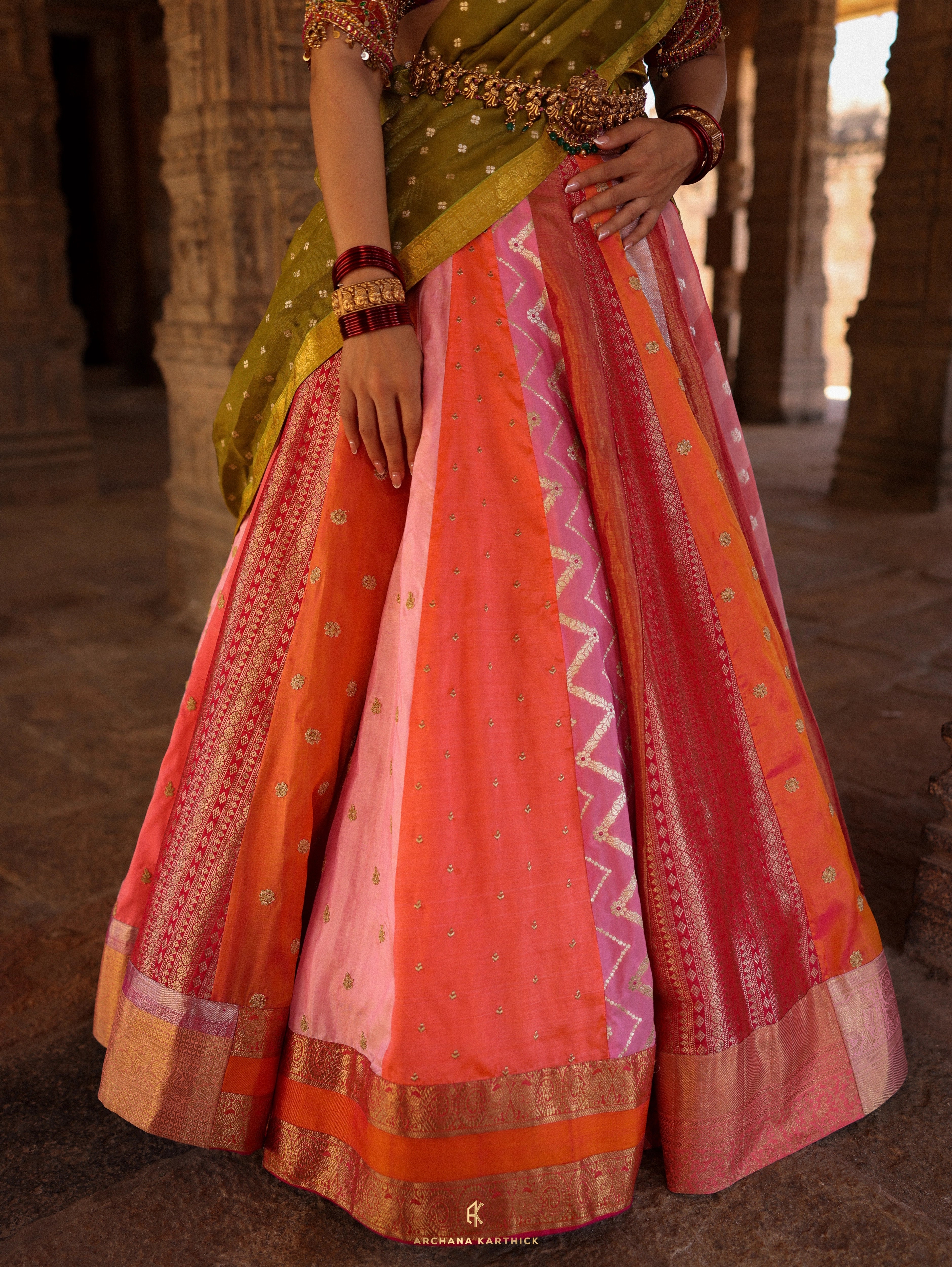 "Rudrama Devi" - Pink, Red & Green Kanjeevaram Silk Half Saree